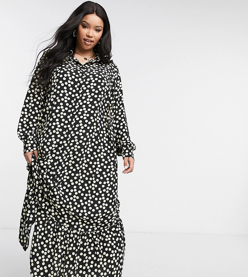 Glamorous Curve – Gesmoktes Hemdkleid mit Punkte-Print-Schwarz günstig online kaufen