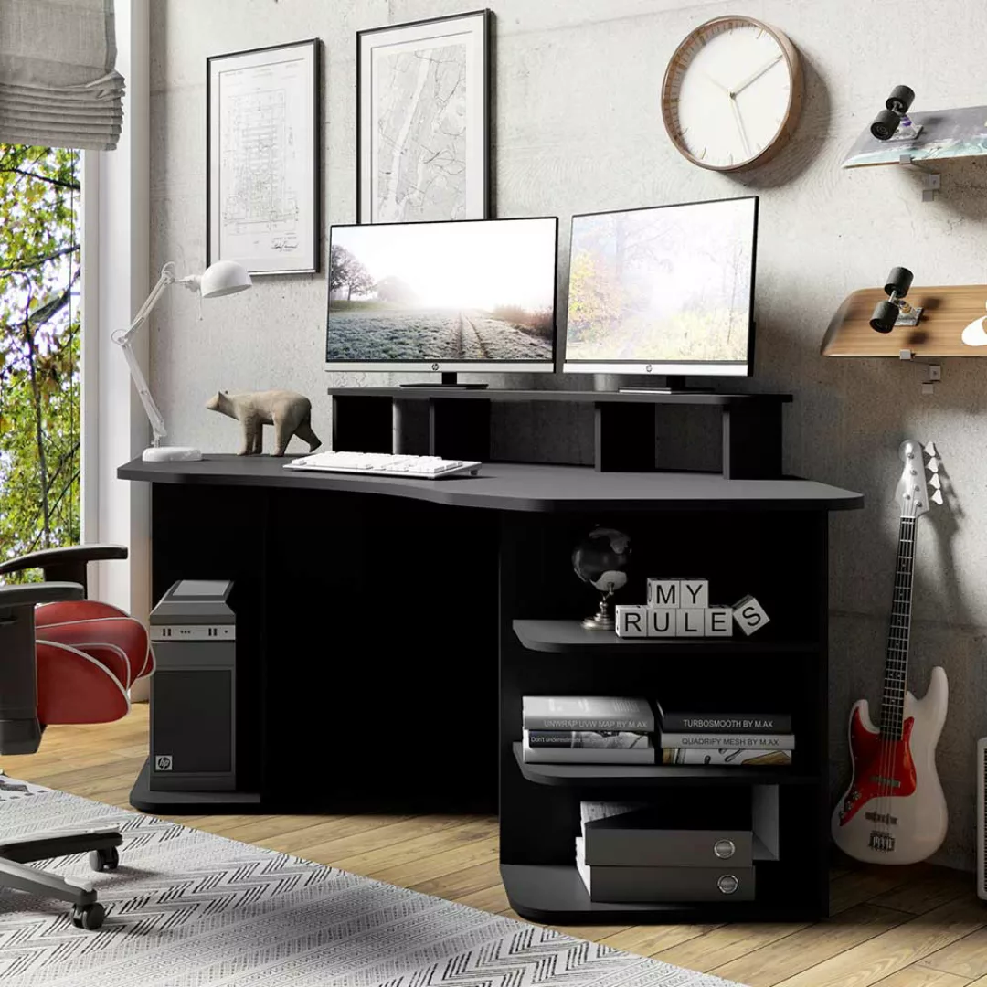 Halbrunder Schreibtisch in Schwarz Seitenregalen und Bildschirmaufsatz günstig online kaufen