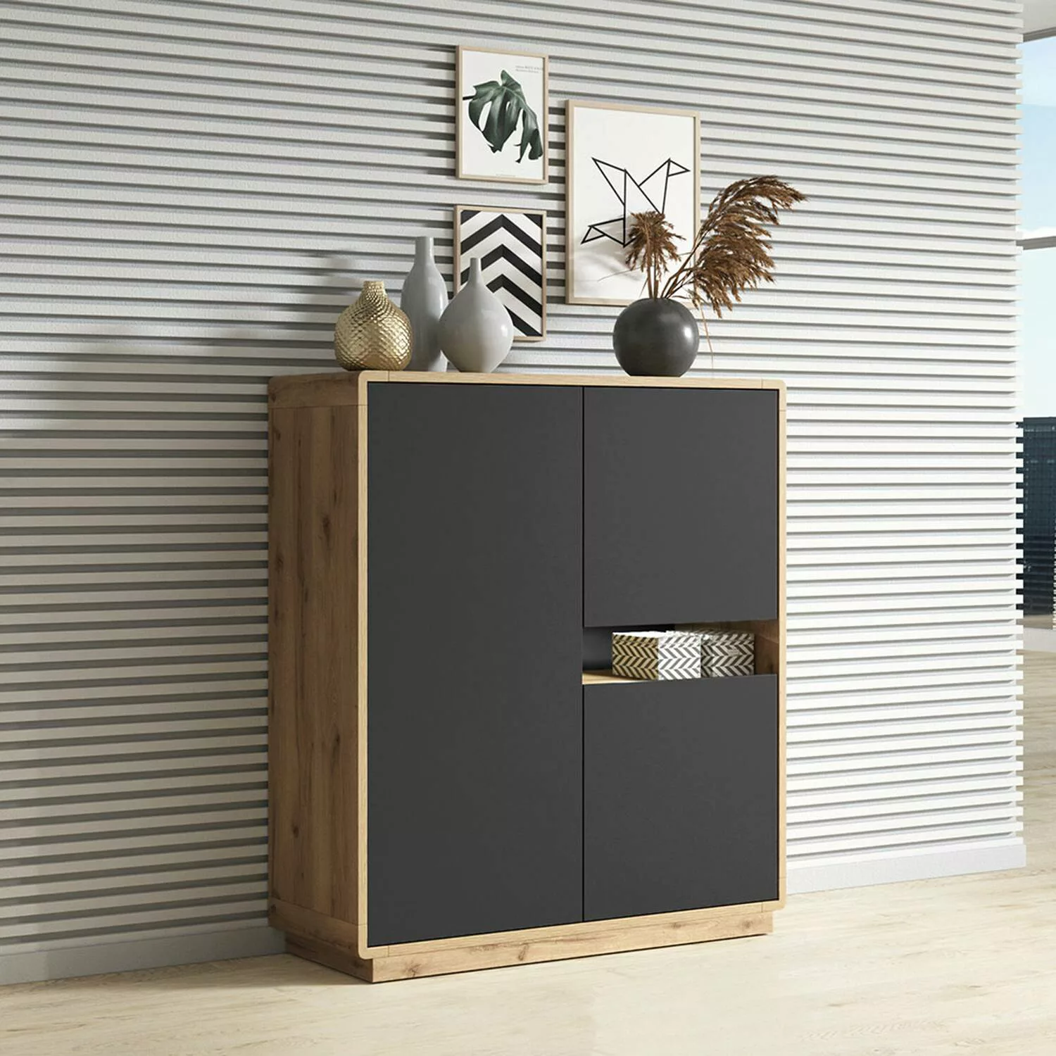 Highboard modern Wohnzimmer inkl. LED Beleuchtung ALBANY-83 in Taurus Eiche günstig online kaufen