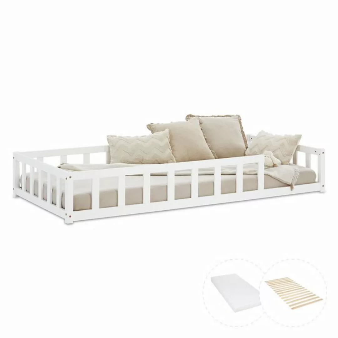 Homestyle4u Kinderbett 90x200 / 120x200 Weiß Natur Holzbett Bodenbett Monte günstig online kaufen