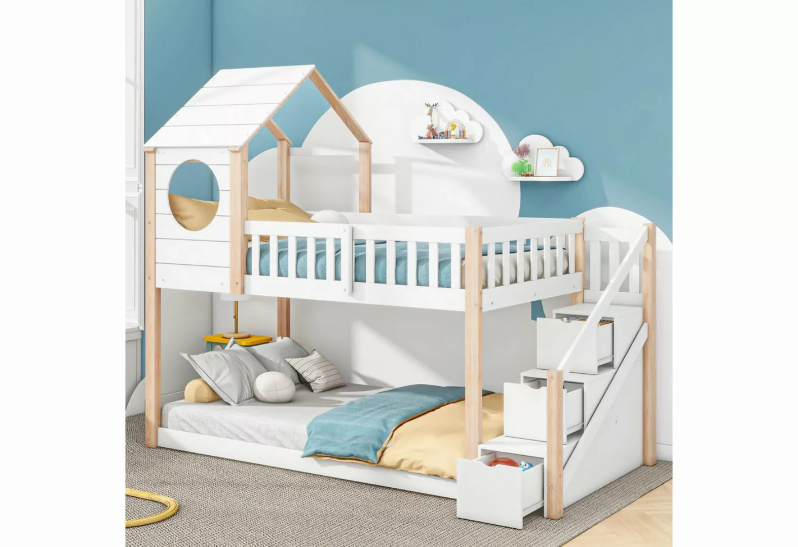 FUROKOY Etagenbett Baumhaus Kinderbett 90x200 mit Stauraum,Hausbett mit Lei günstig online kaufen