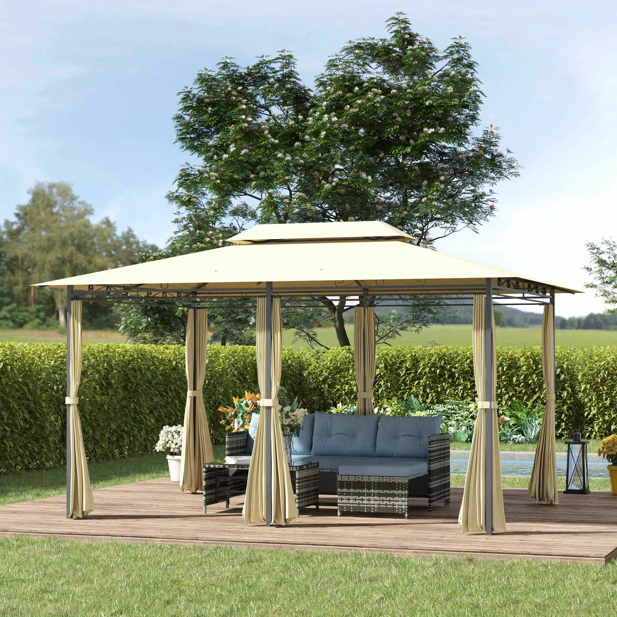 Outsunny Gartenpavillon Doppeldach 3x4m Beige+Schwarz für Party & Gartenzel günstig online kaufen