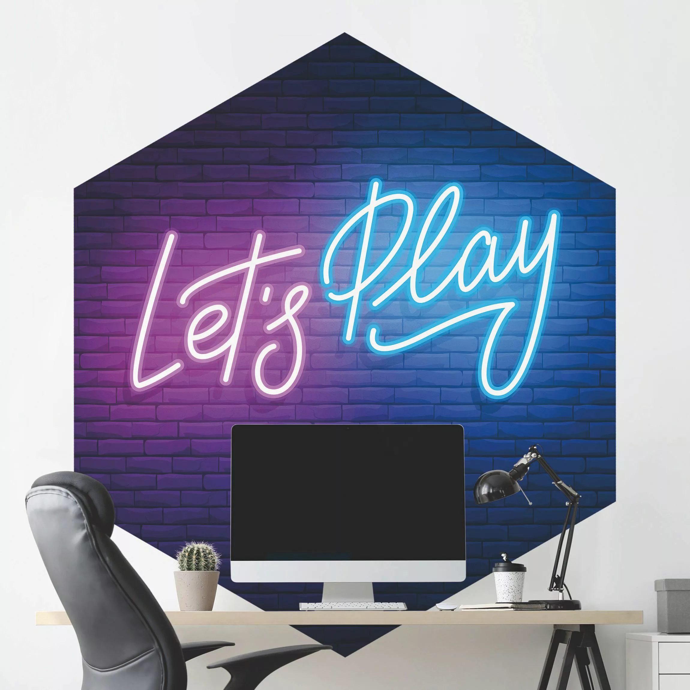 Hexagon Mustertapete selbstklebend Neon Schrift Let's Play günstig online kaufen