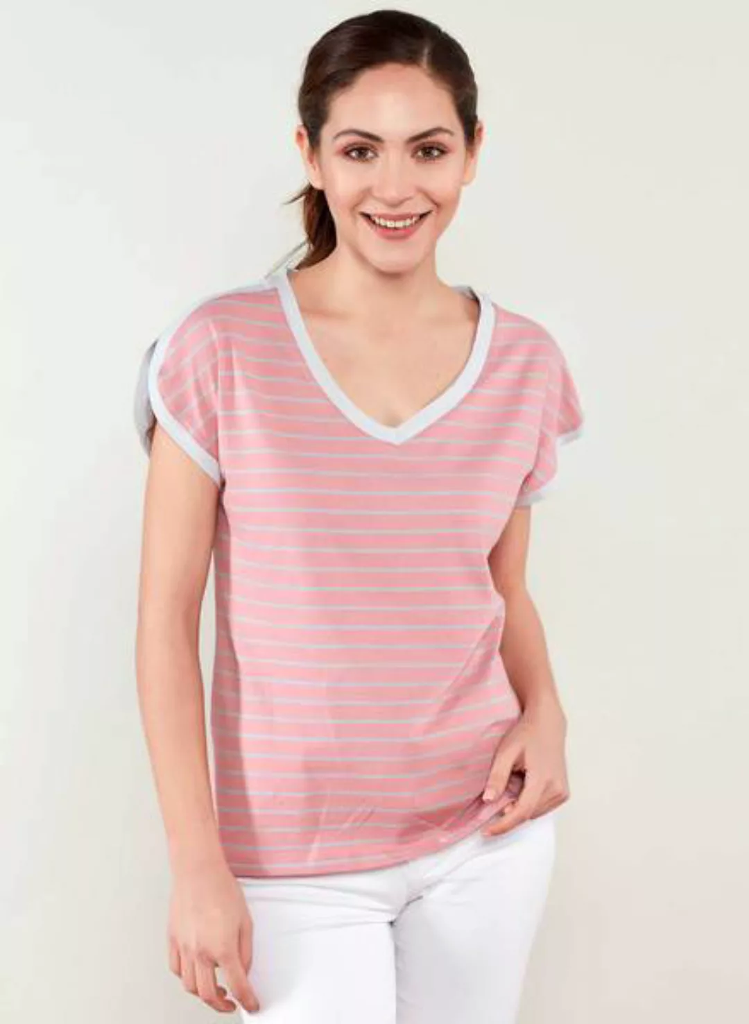 Gestreiftes T-shirt Mit V-ausschnitt Und Längerem Rückenteil günstig online kaufen