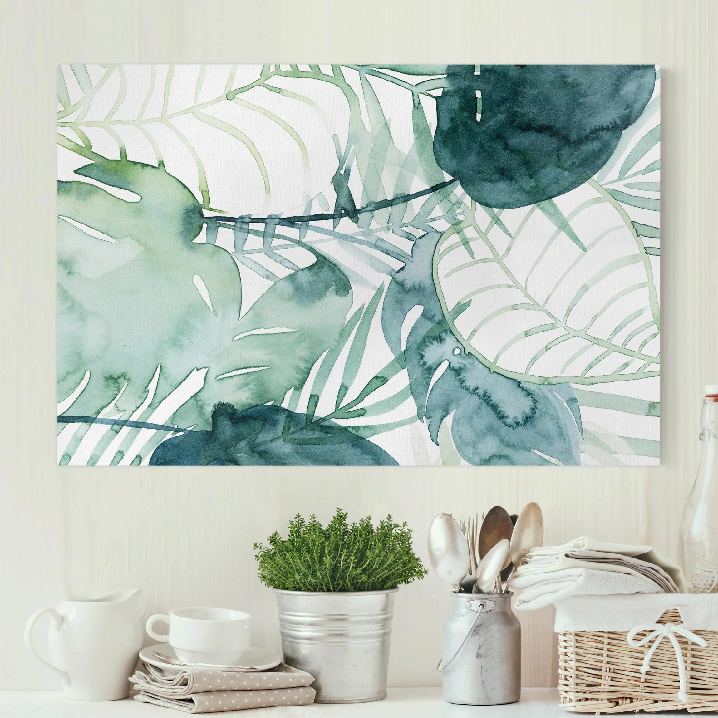 Leinwandbild Botanik - Querformat Palmwedel in Wasserfarbe II günstig online kaufen