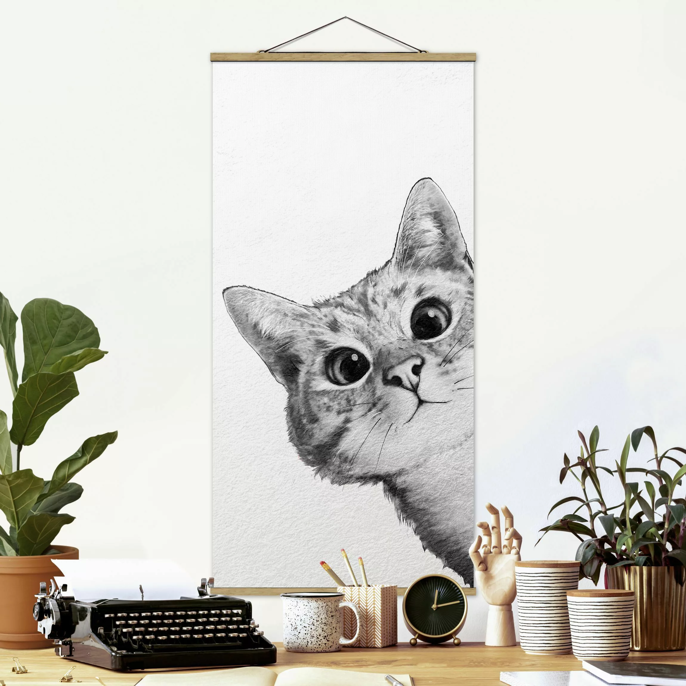 Stoffbild Tiere mit Posterleisten - Hochformat Illustration Katze Zeichnung günstig online kaufen