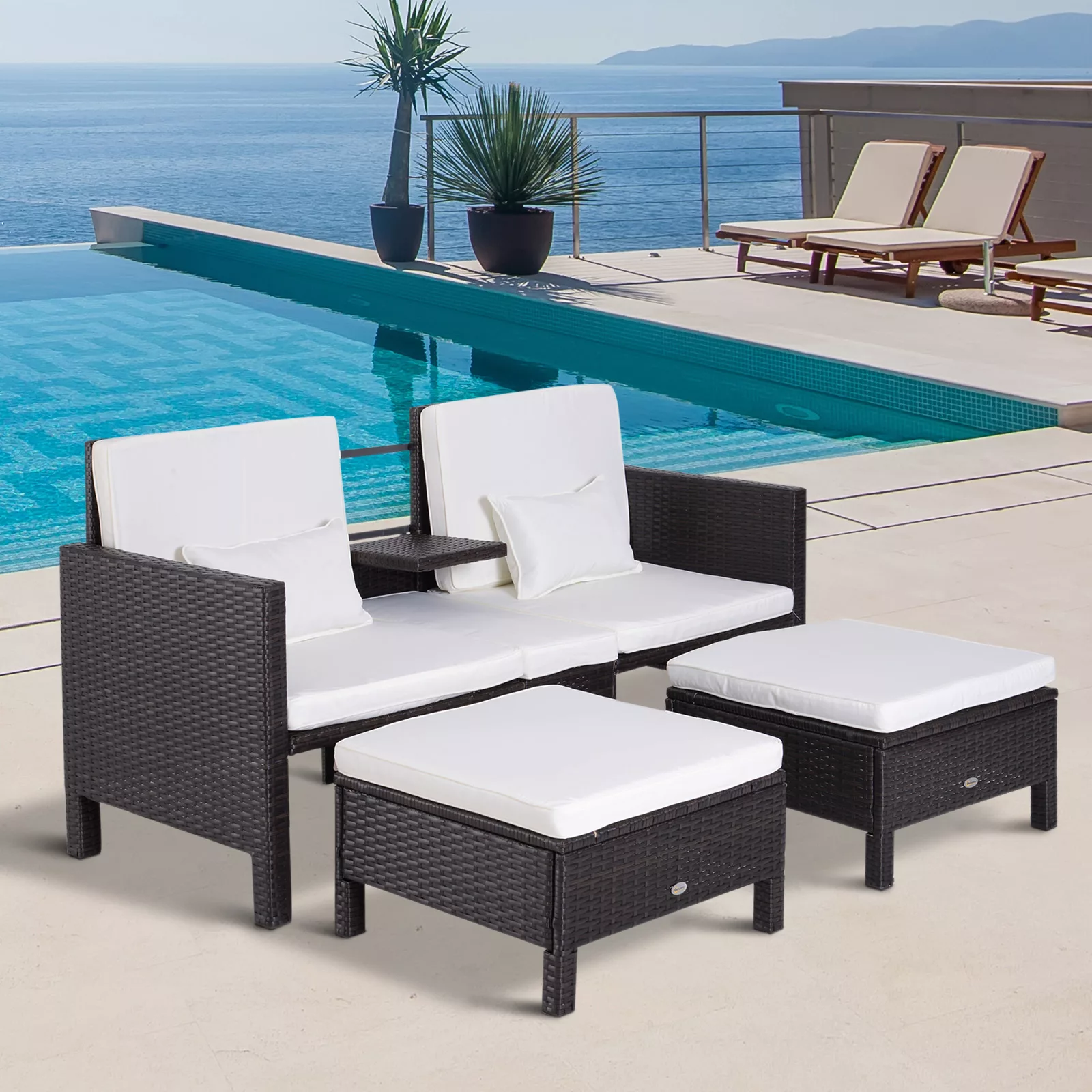 Gartensofa Set  Braun Polyrattan & Metall, inkl. 2er-Sofa, Hocker & Kissen, günstig online kaufen