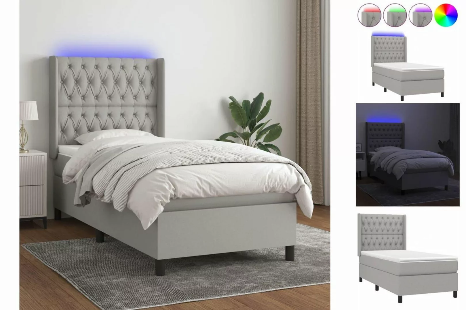 vidaXL Bettgestell Boxspringbett mit Matratze LED Hellgrau 100x200 cm Stoff günstig online kaufen