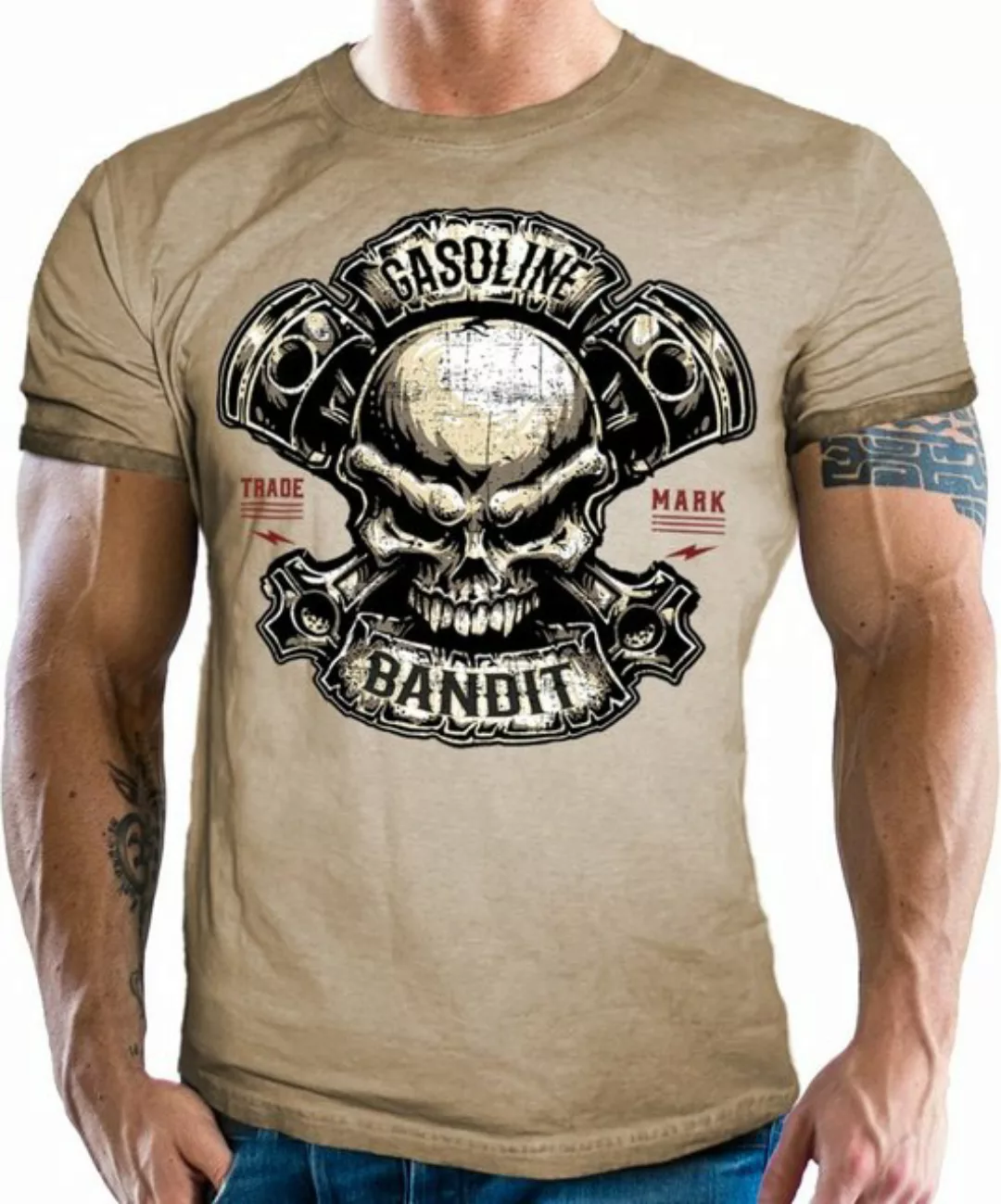 GASOLINE BANDIT® T-Shirt in washed sand look für Biker Racer Fans: Piston S günstig online kaufen