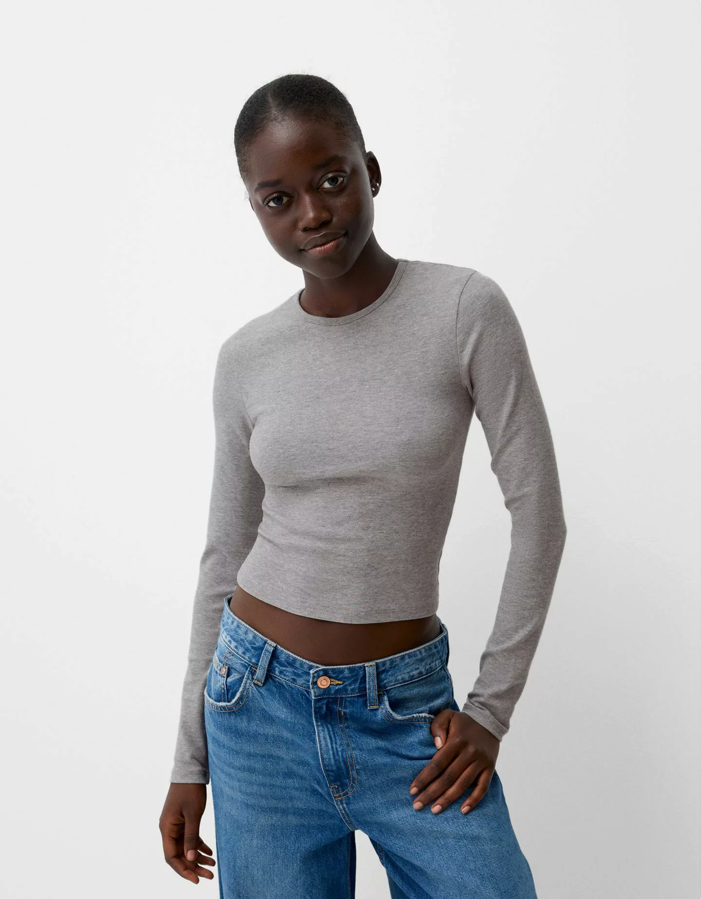 Bershka Langarmshirt Damen L Grau günstig online kaufen