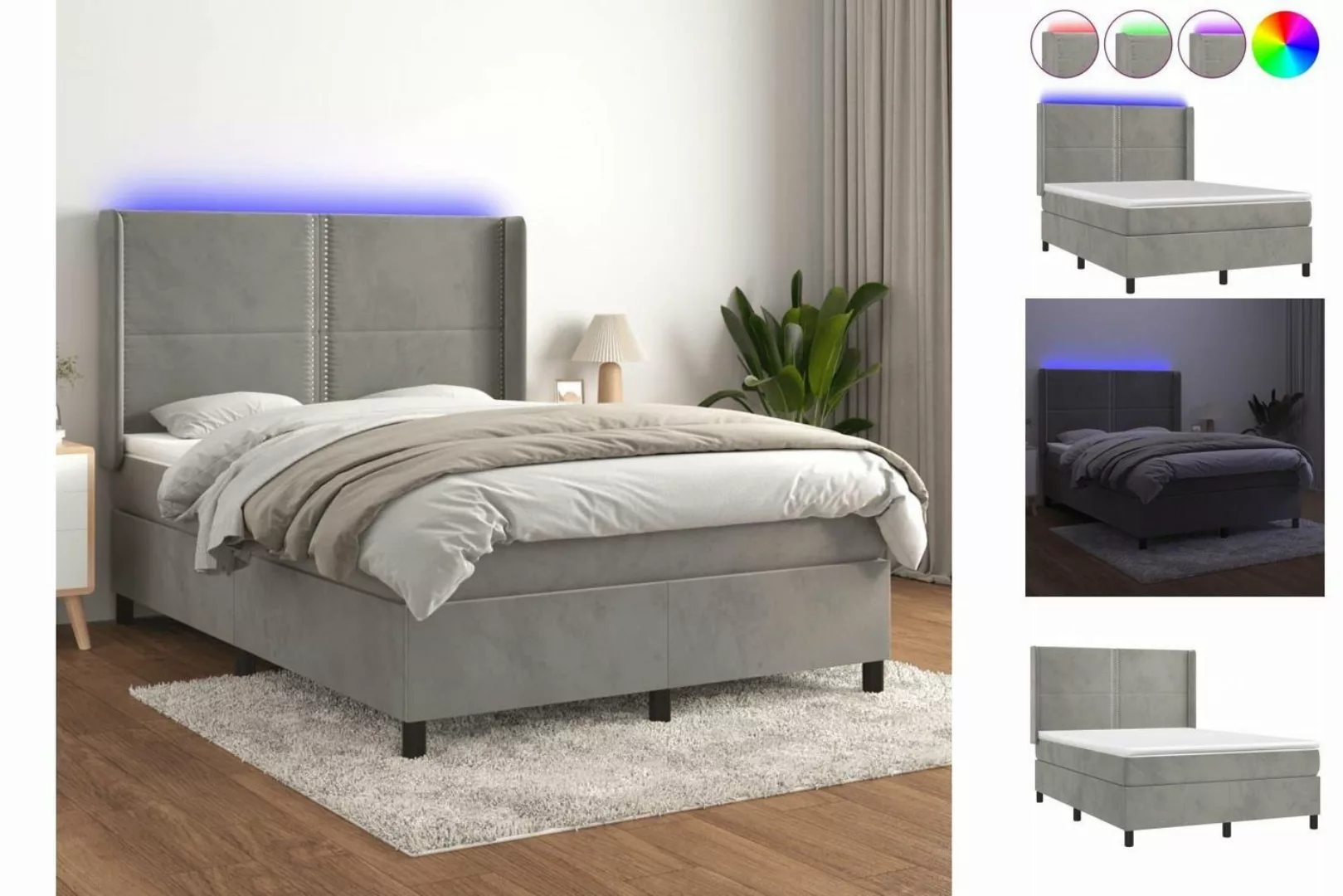 vidaXL Boxspringbett Boxspringbett mit Matratze LED Hellgrau 140x190 cm Sam günstig online kaufen