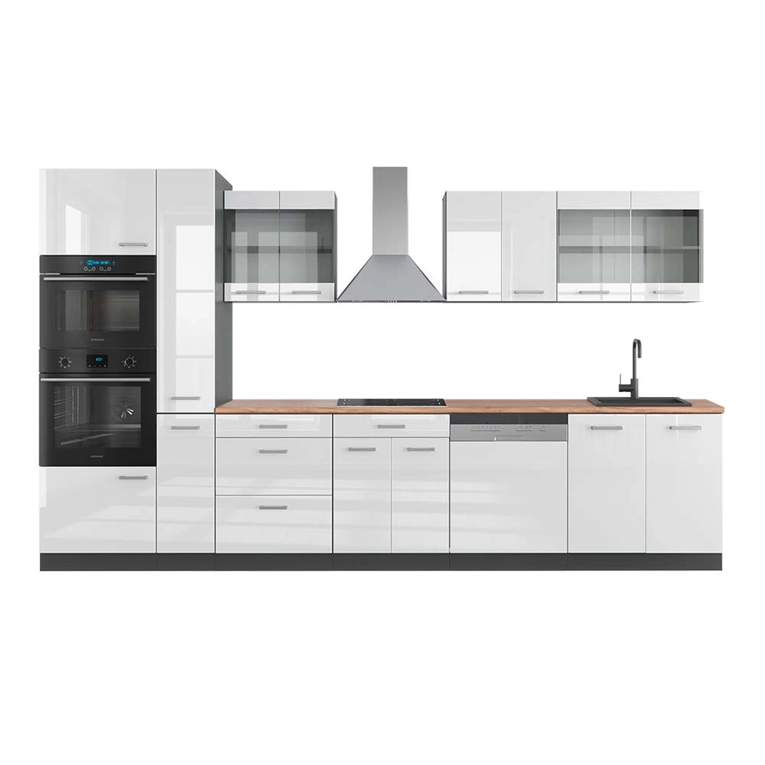Vicco R-Line Küche Weiß Hochglanz/Anthrazit 350 cm mit HochschrankAP Eiche günstig online kaufen
