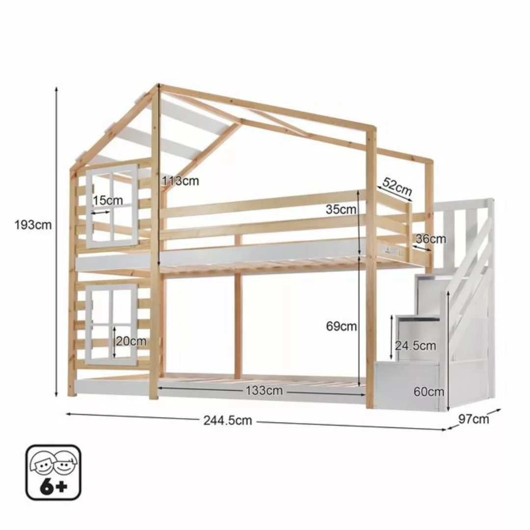 Flieks Etagenbett, Hochbett Hausbett Treppe mit 2 Schubladen Kiefer 90x200c günstig online kaufen