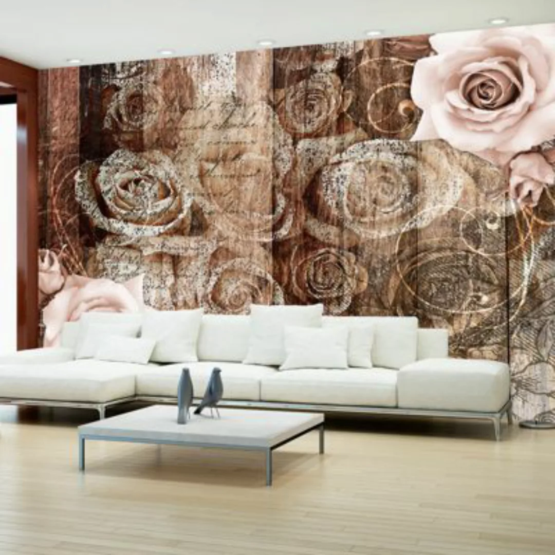artgeist Fototapete Old Wood & Roses rosa-kombi Gr. 300 x 210 günstig online kaufen