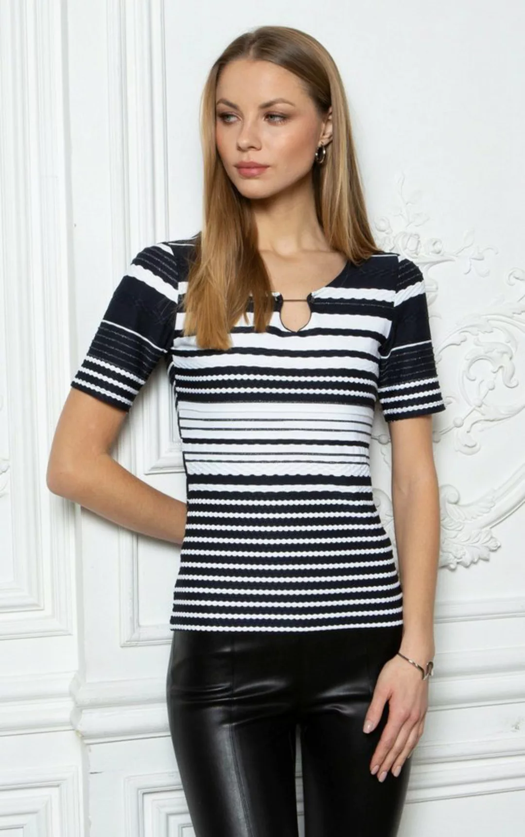 Passioni T-Shirt Navy-weiß gestreiftes Sommer T-Shirt mit Verschlussdetail günstig online kaufen