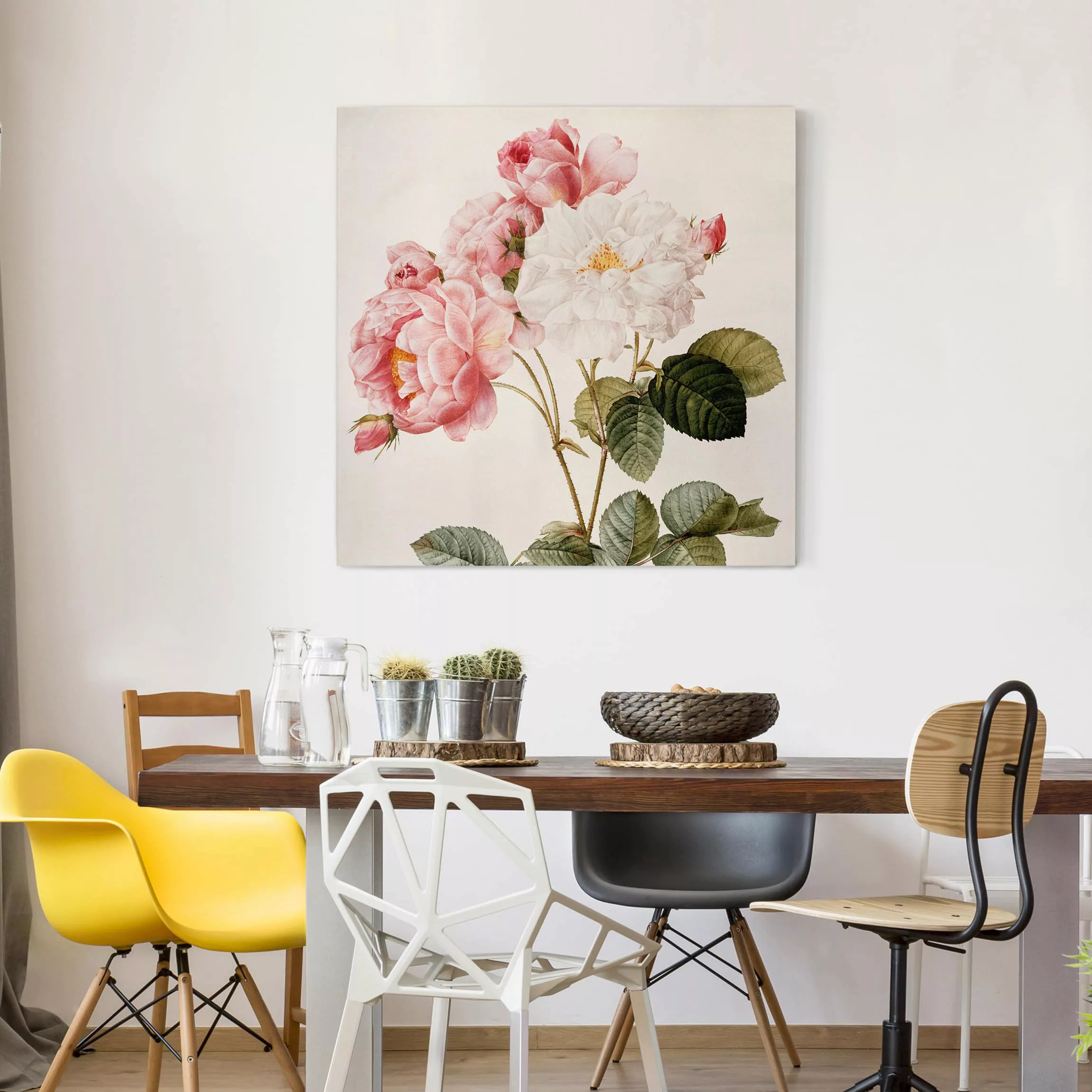 Leinwandbild Blumen - Quadrat Pierre Joseph Redouté - Damaszener-Rose günstig online kaufen
