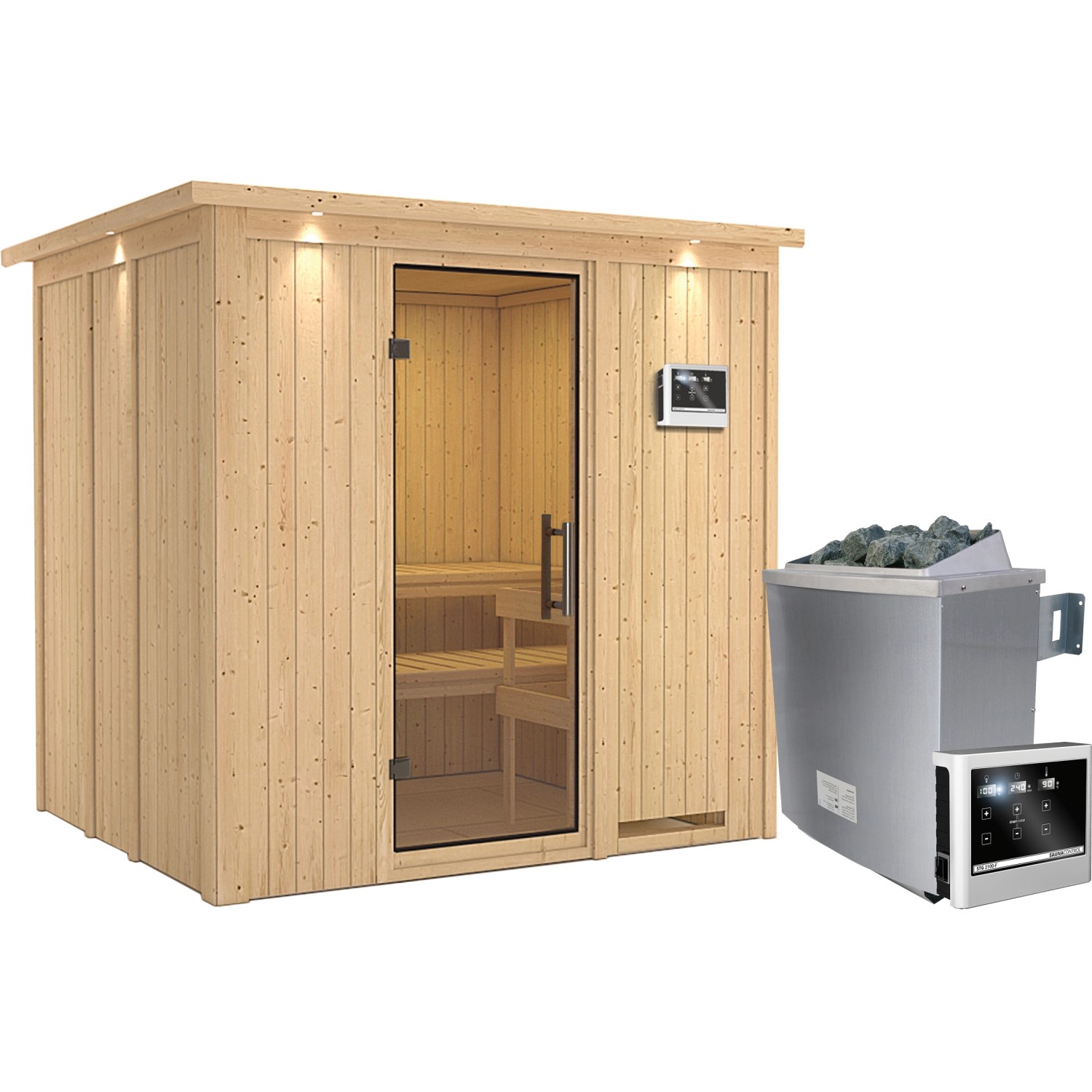 Karibu Sauna Stina, Ofen, externe Steuerung Easy, Glastür, LED-Dachkranz günstig online kaufen