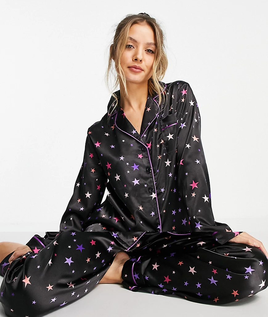 Night – 5-teiliges Pyjama-Geschenkset aus Satin in Marineblau mit buntem St günstig online kaufen