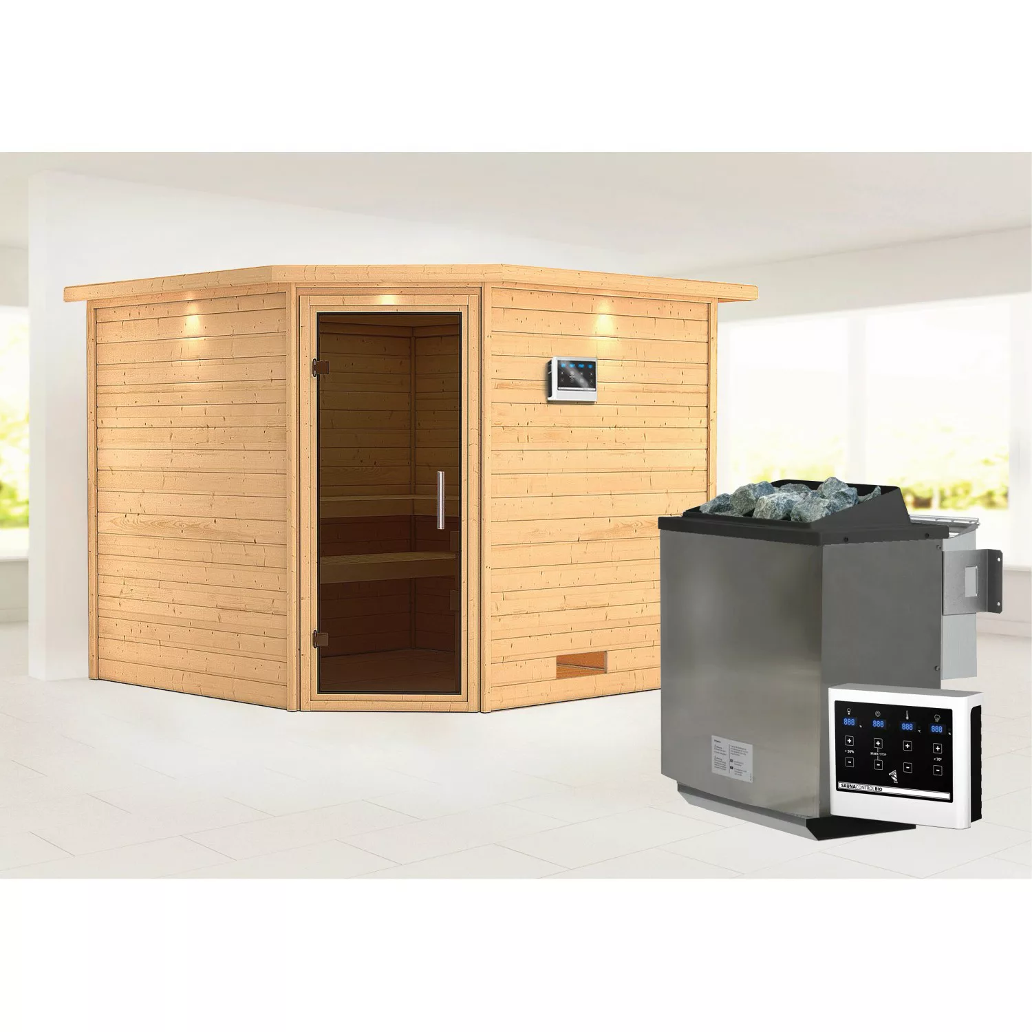 Karibu Sauna »"Leona" mit Klarglastür und Kranz Ofen 9 kW Bio externe Strg günstig online kaufen