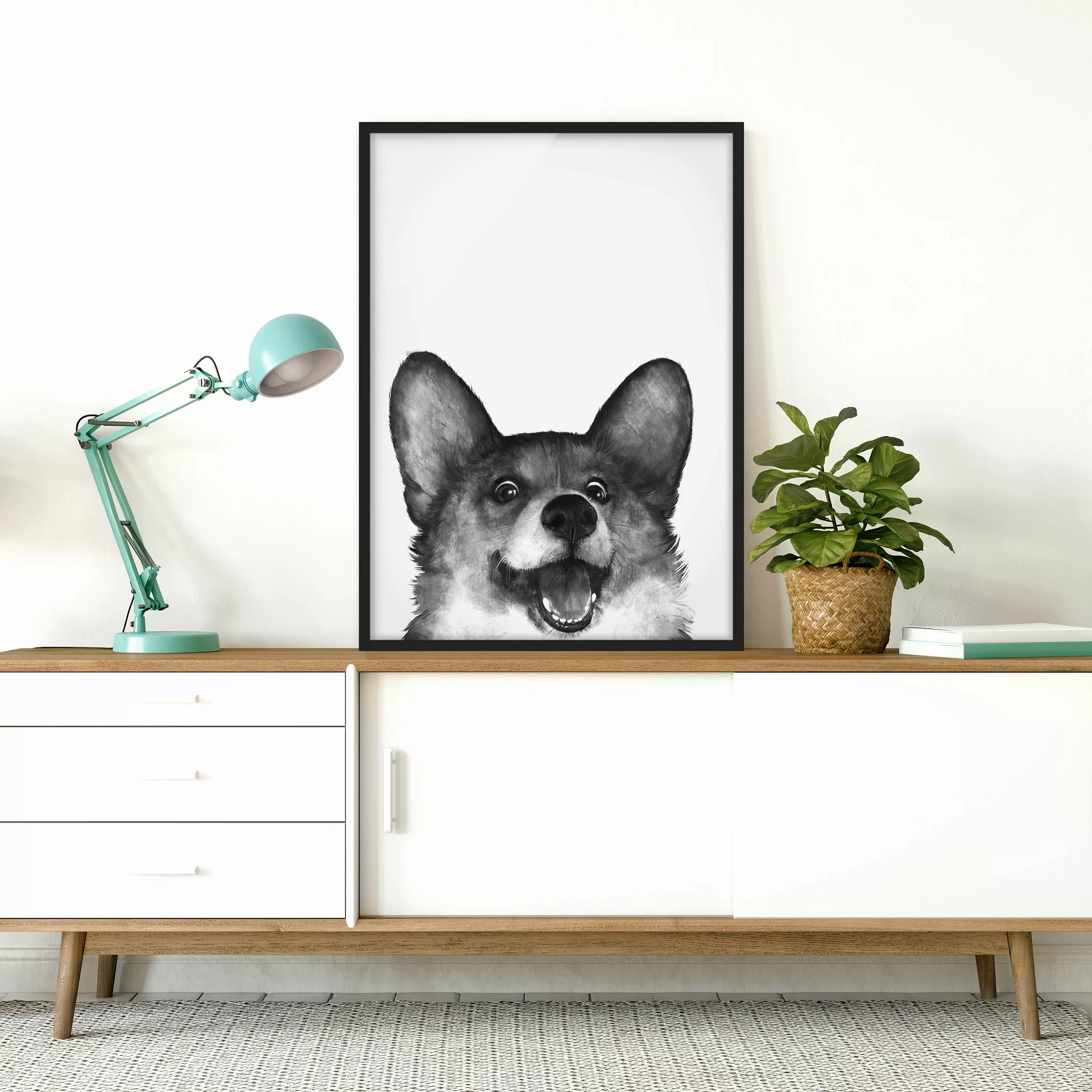 Bild mit Rahmen Tiere - Hochformat Illustration Hund Corgi Weiß Schwarz Mal günstig online kaufen