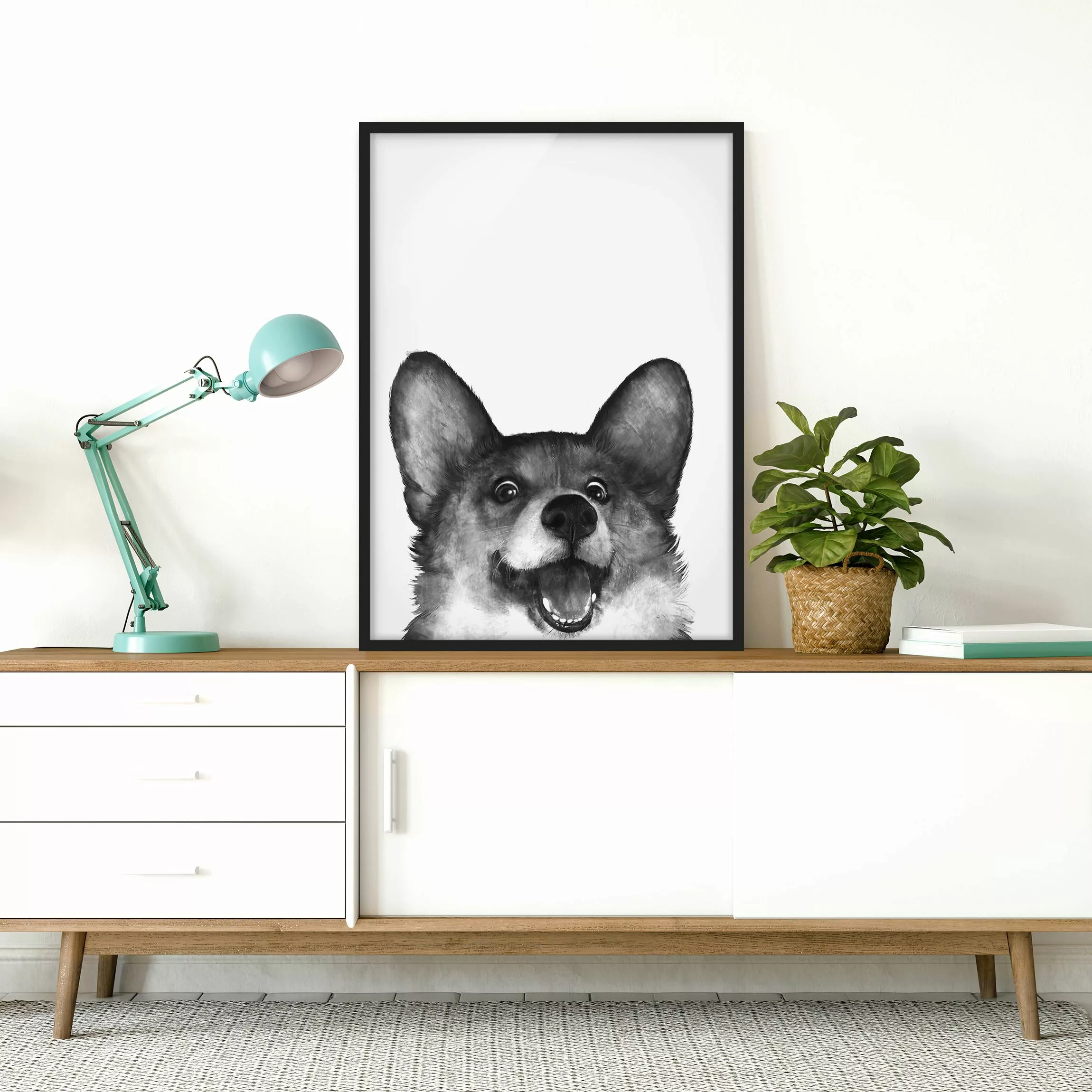 Bild mit Rahmen - Hochformat Illustration Hund Corgi Weiß Schwarz Malerei günstig online kaufen