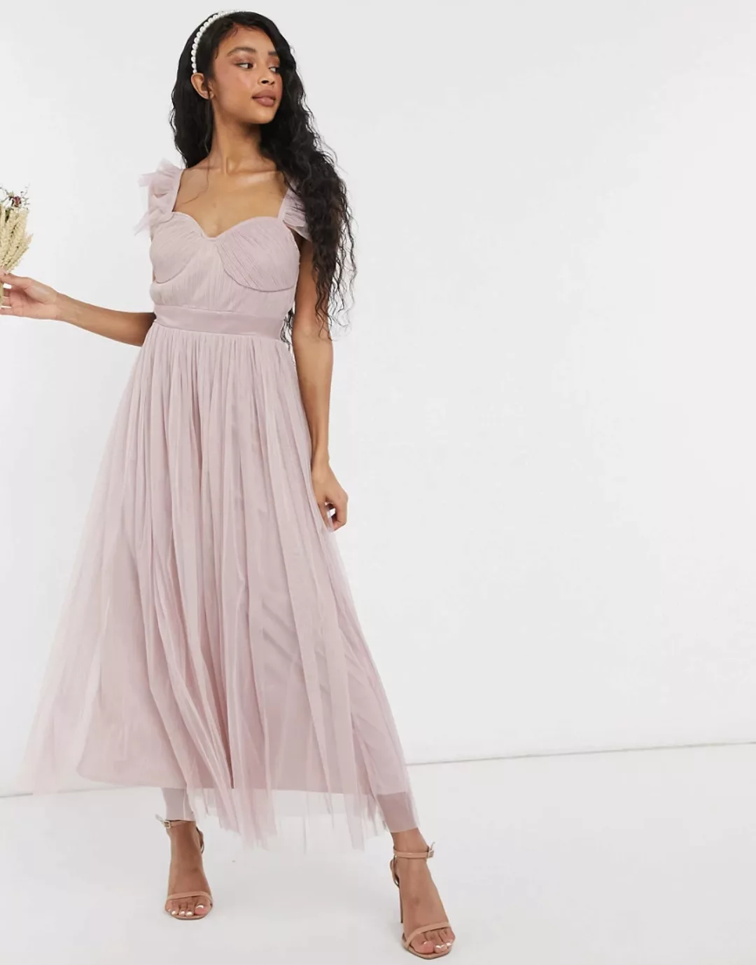 Anaya With Love – Bridesmaid – Tüll-Midaxikleid mit Rüschenärmeln in Rosa günstig online kaufen