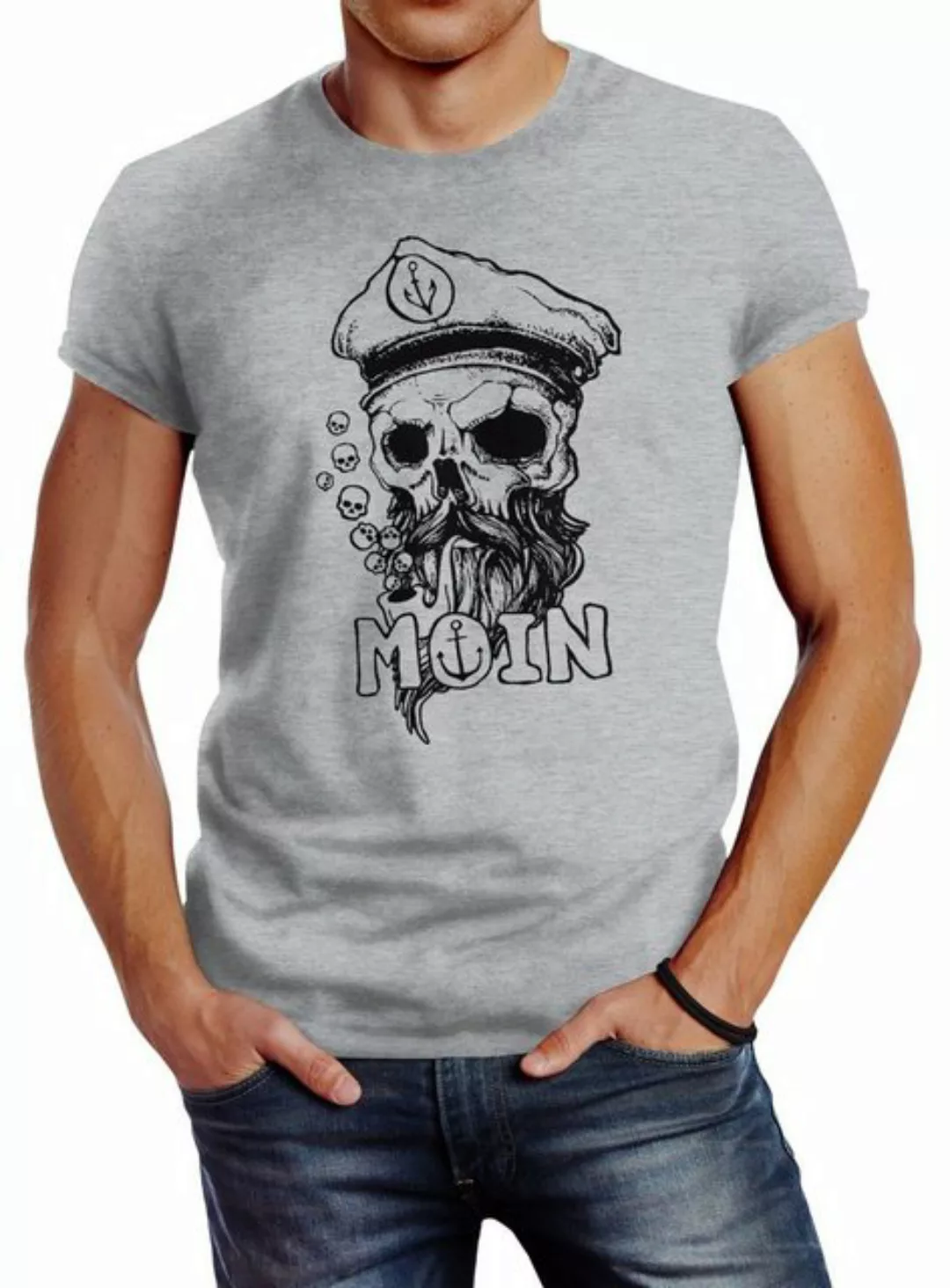 Neverless Print-Shirt Herren T-Shirt Moin Kapitän Totenkopf Anker Bart Hamb günstig online kaufen