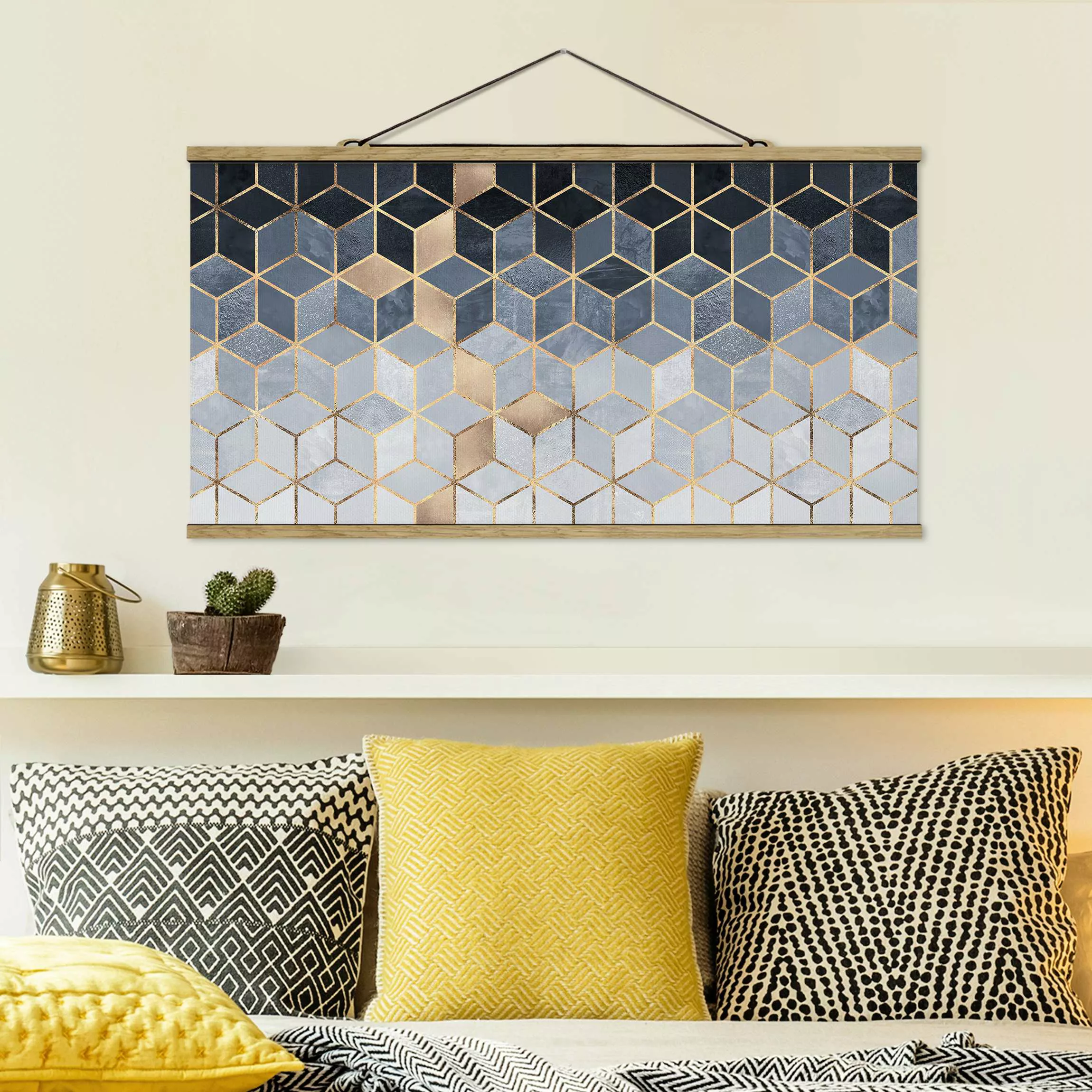 Stoffbild Abstrakt mit Posterleisten - Querformat Blau Weiß goldene Geometr günstig online kaufen