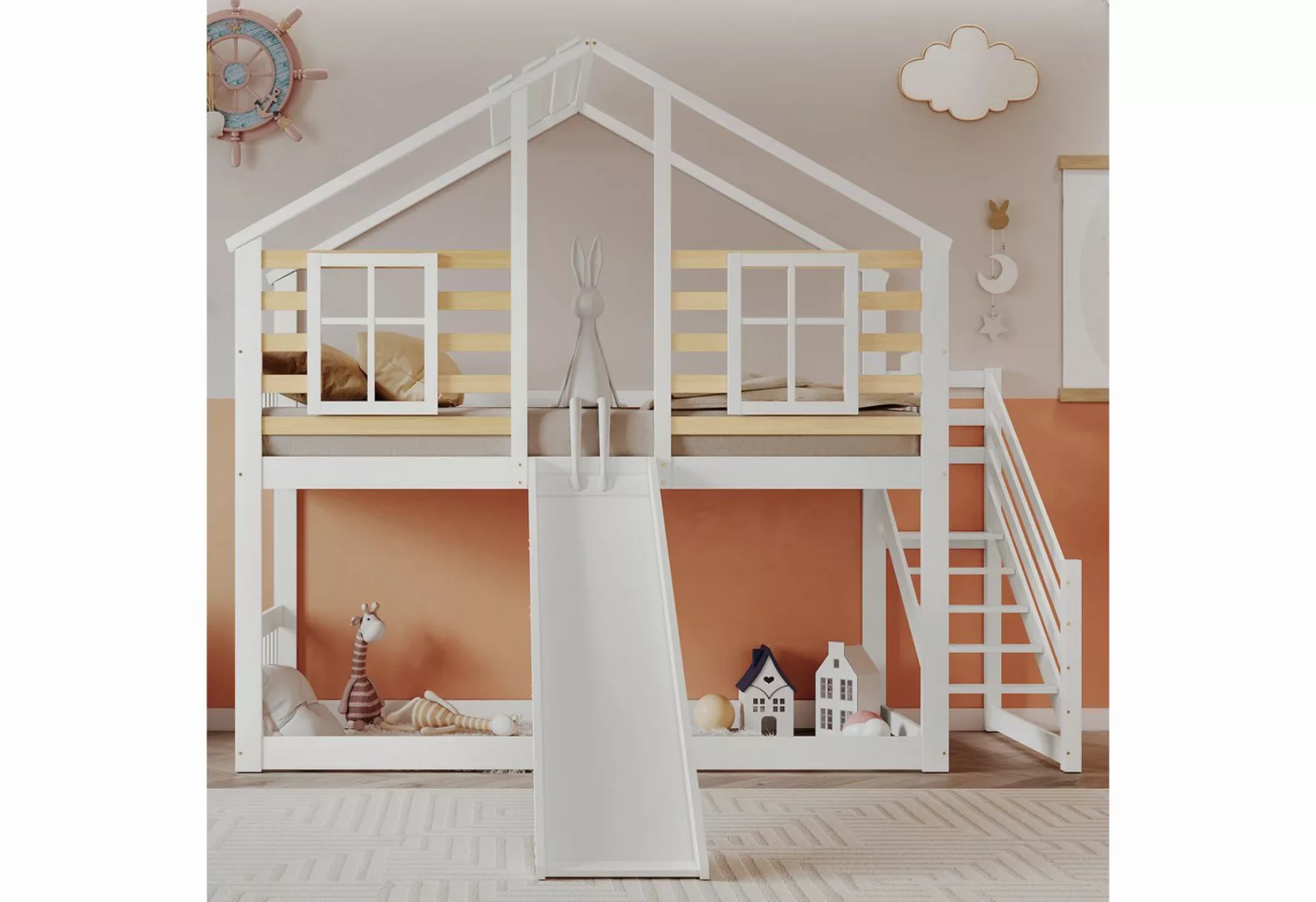 IDEASY Kinderbett Etagenbett mit Rutsche, Treppe mit Handläufen, Hausaußend günstig online kaufen