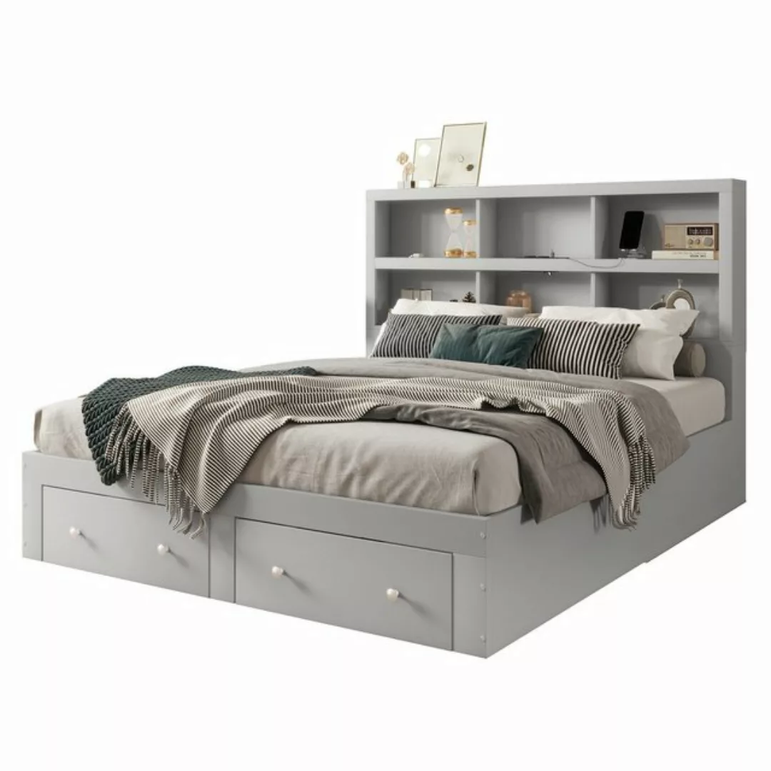 OKWISH Bett Doppelbett, Kingsize-Plattformbett, Holzbett, Lagerungsbett (Ko günstig online kaufen