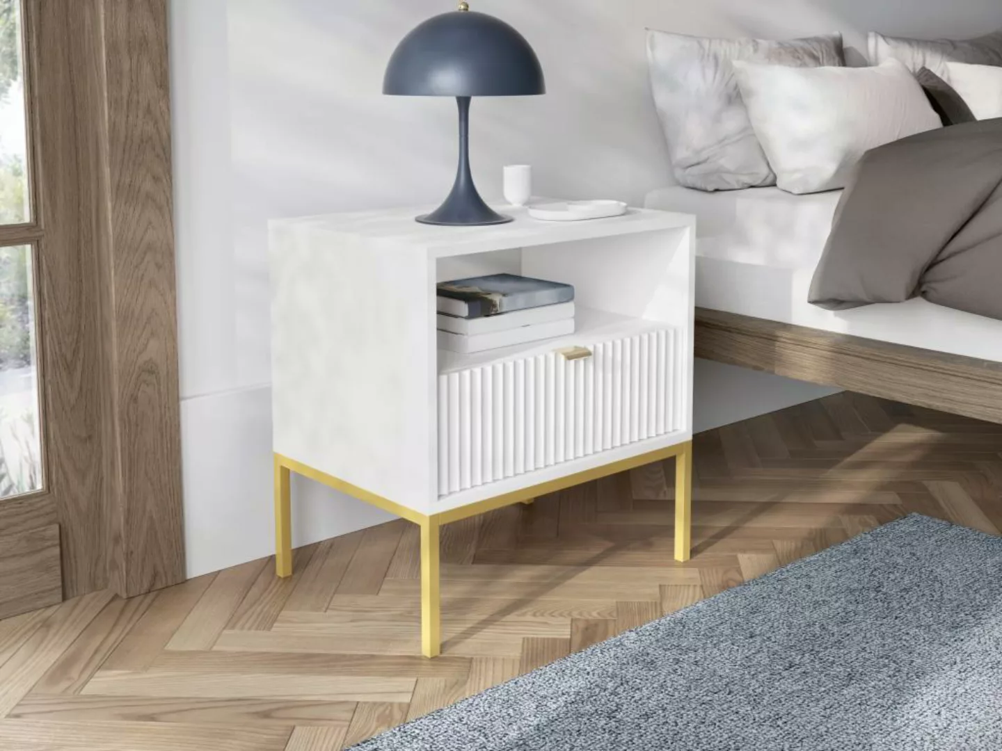 Nachttisch mit 1 Schublade & 1 Ablage - Weiß & Goldfarben - LIOUBA von Pasc günstig online kaufen