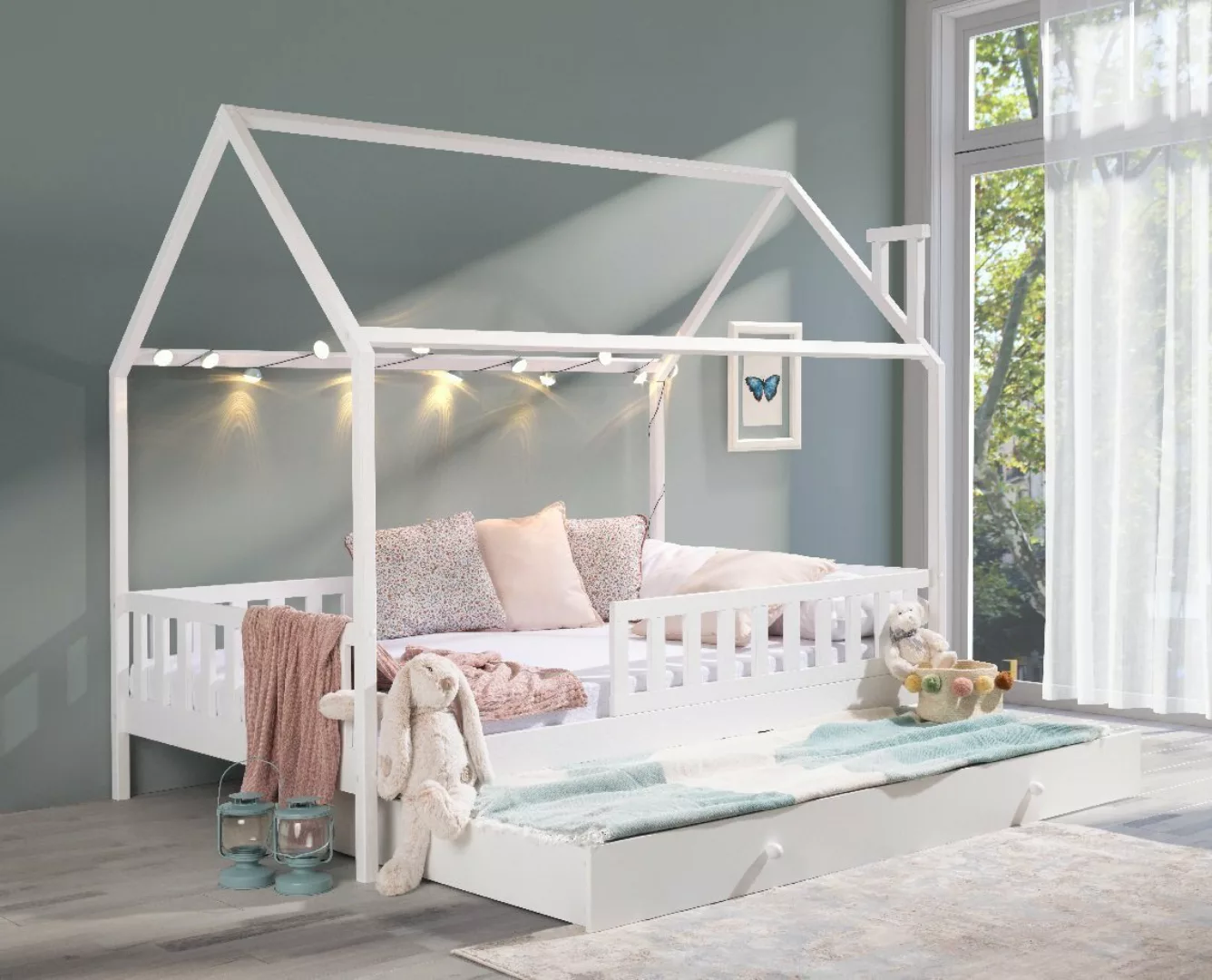 Deine Möbel 24 Hausbett Kinderbett Einzelbett COMET Weiß Grau Kiefer (80x16 günstig online kaufen