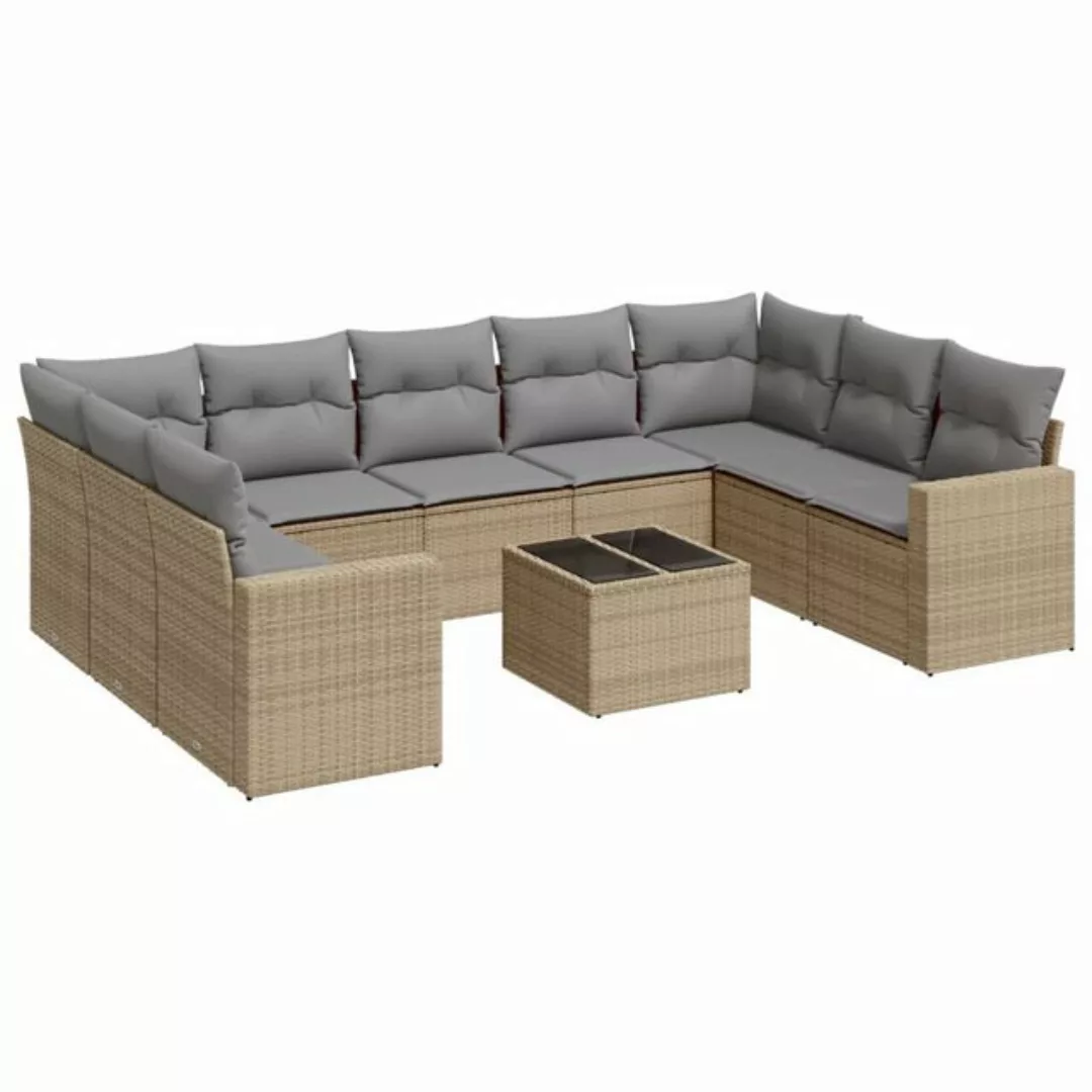 vidaXL Sofaelement 10-tlg. Garten-Sofagarnitur mit Kissen Beige Poly Rattan günstig online kaufen