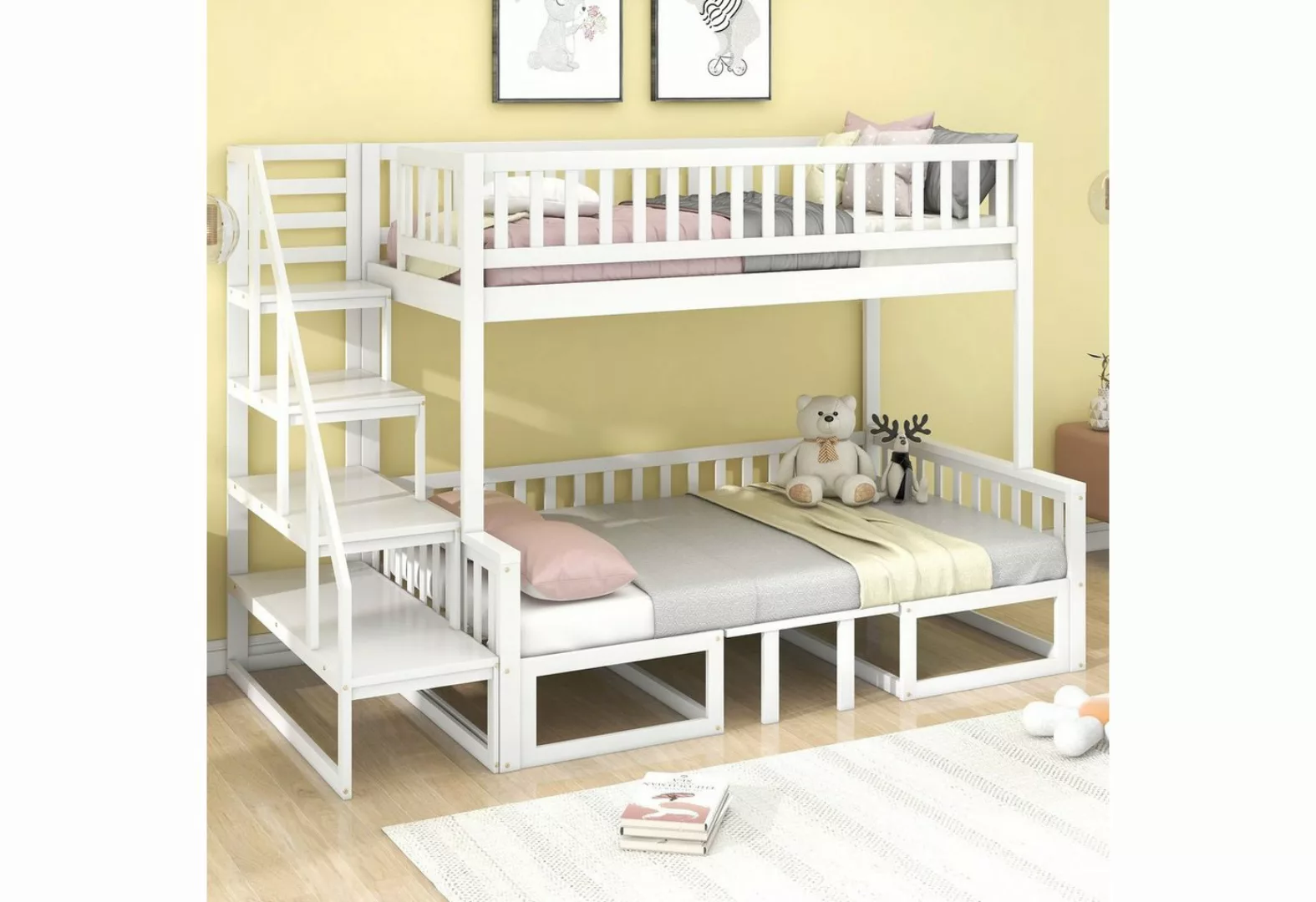 OKWISH Etagenbett Kinderbett mit Treppe, mit verstellbarem Tisch, mit Holzs günstig online kaufen