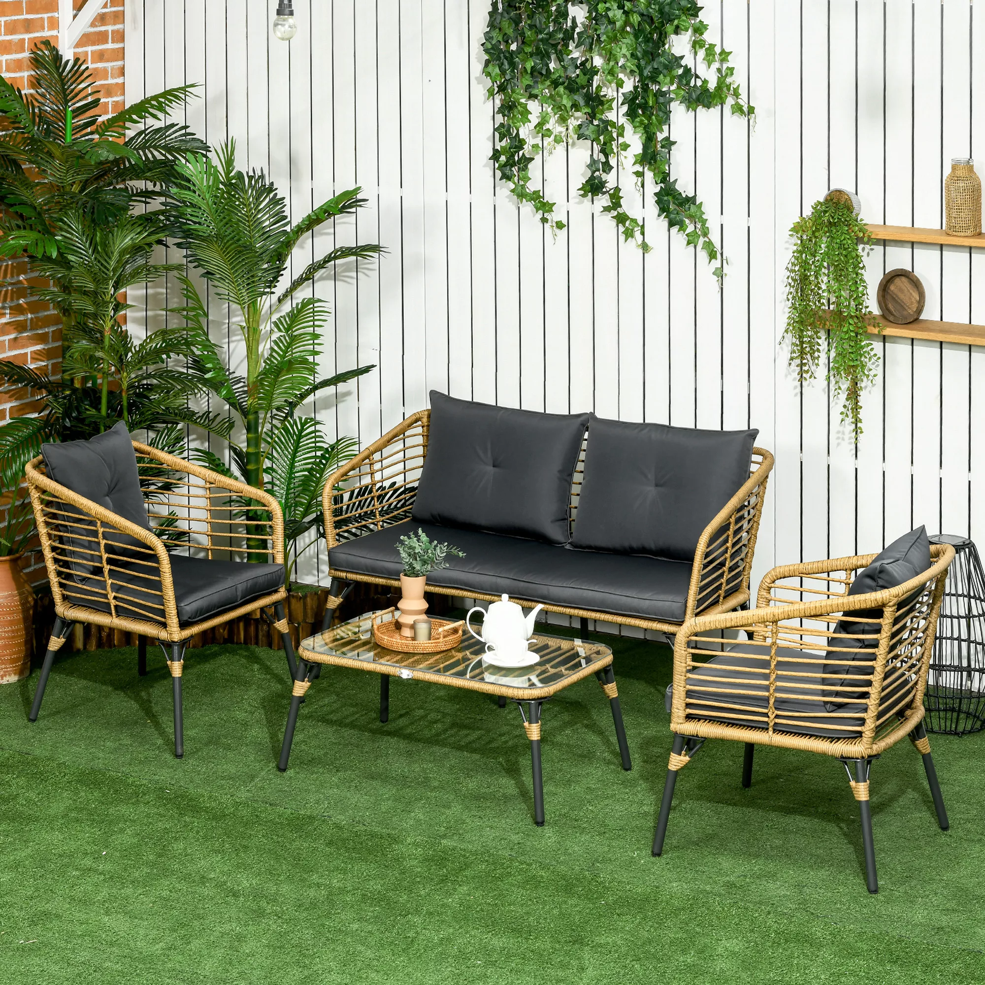 Outsunny 4 tlg. Gartenmöbel-Set, Rattan Sitzgarnitur mit Kissen, Sitzgruppe günstig online kaufen