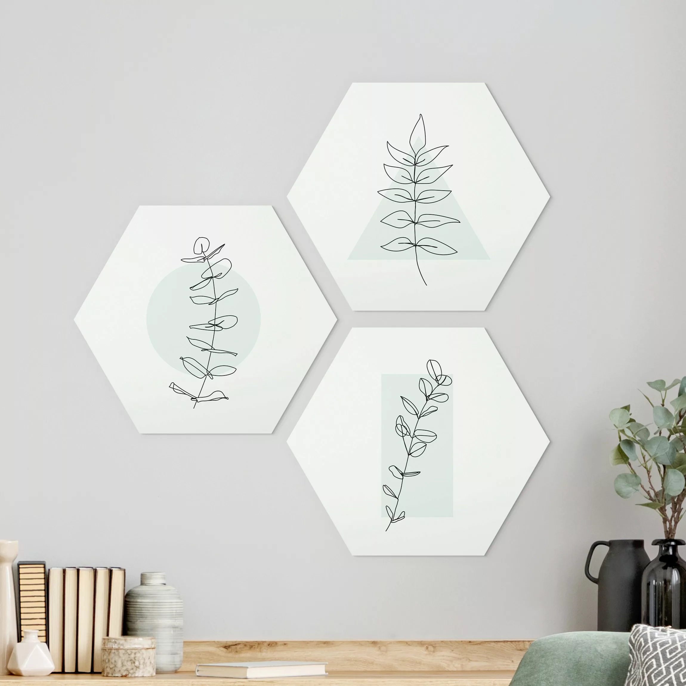 3-teiliges Hexagon-Alu-Dibond Bild Zweig Geometrie Line Art Set günstig online kaufen