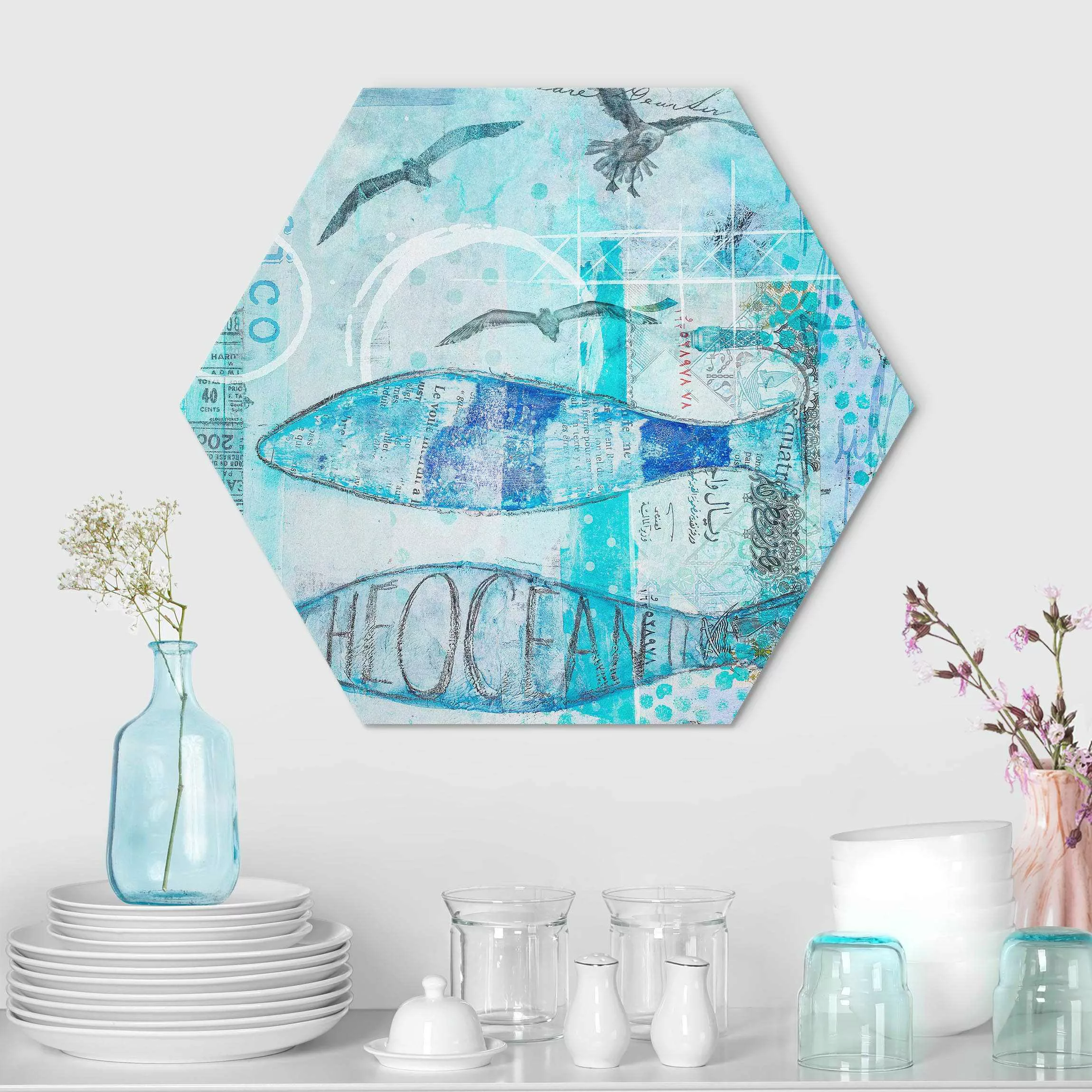 Hexagon-Alu-Dibond Bild Bunte Collage - Blaue Fische günstig online kaufen