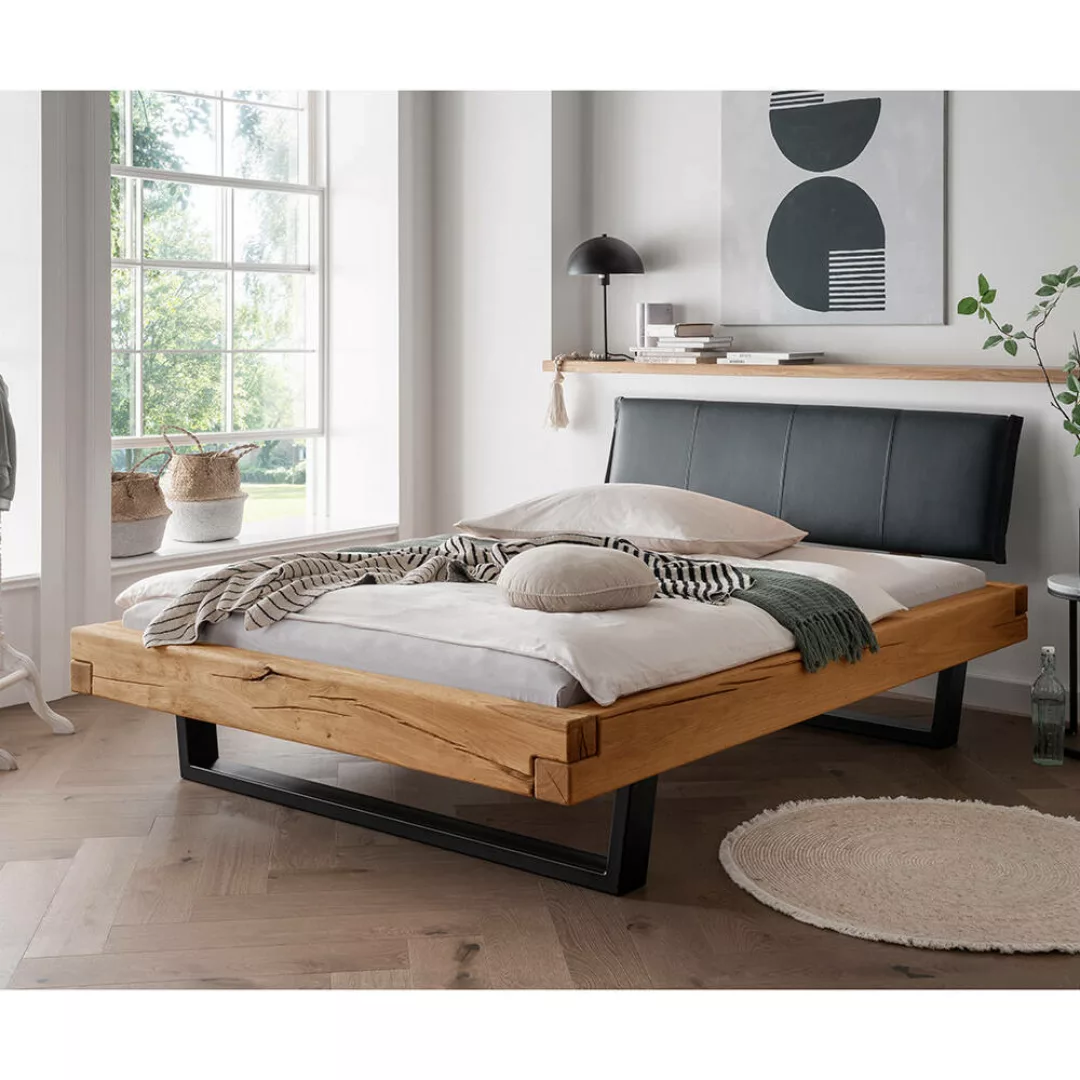 Massivholz Doppelbett, 180x200 cm, Eiche massiv, schwarzes Echtleder-Kopfte günstig online kaufen