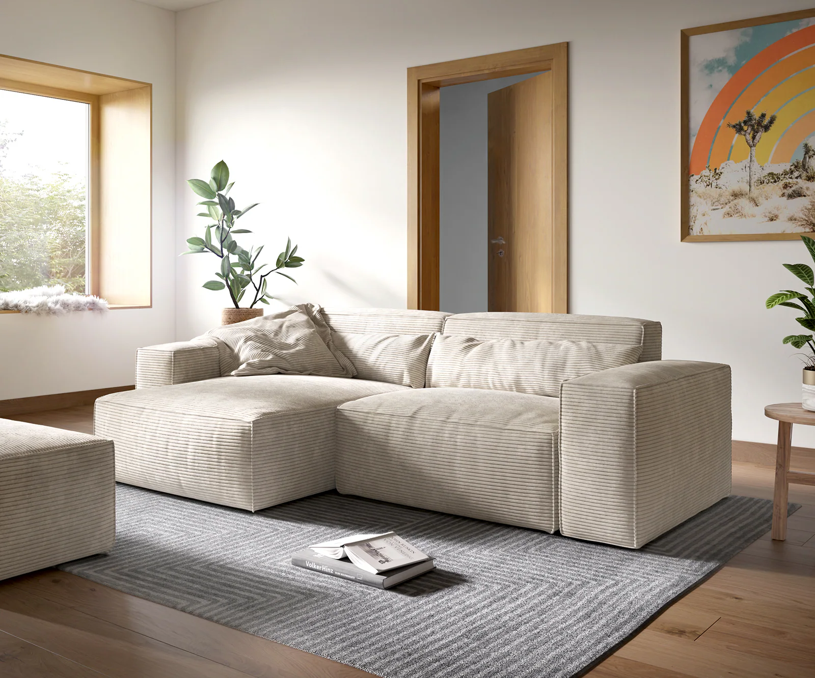 Ecksofa Sirpio XL 270x170 cm Cord Beige Recamiere variabel mit Hocker günstig online kaufen