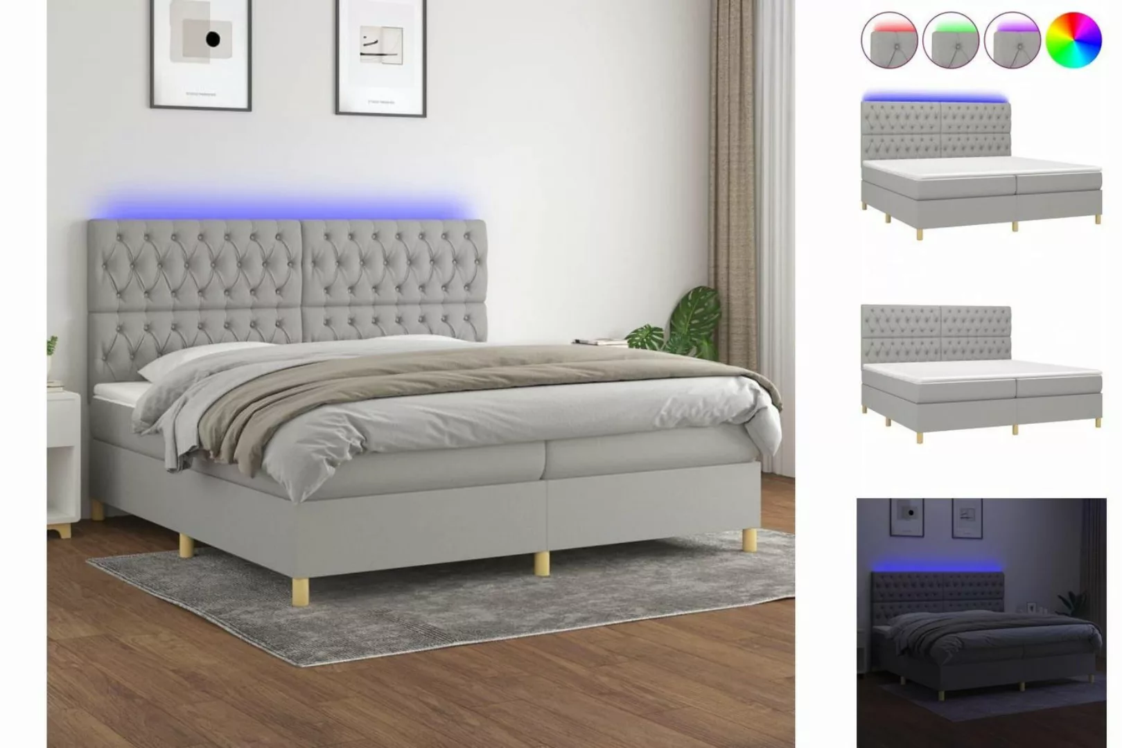 vidaXL Bettgestell Boxspringbett mit Matratze LED Hellgrau 200x200 cm Stoff günstig online kaufen