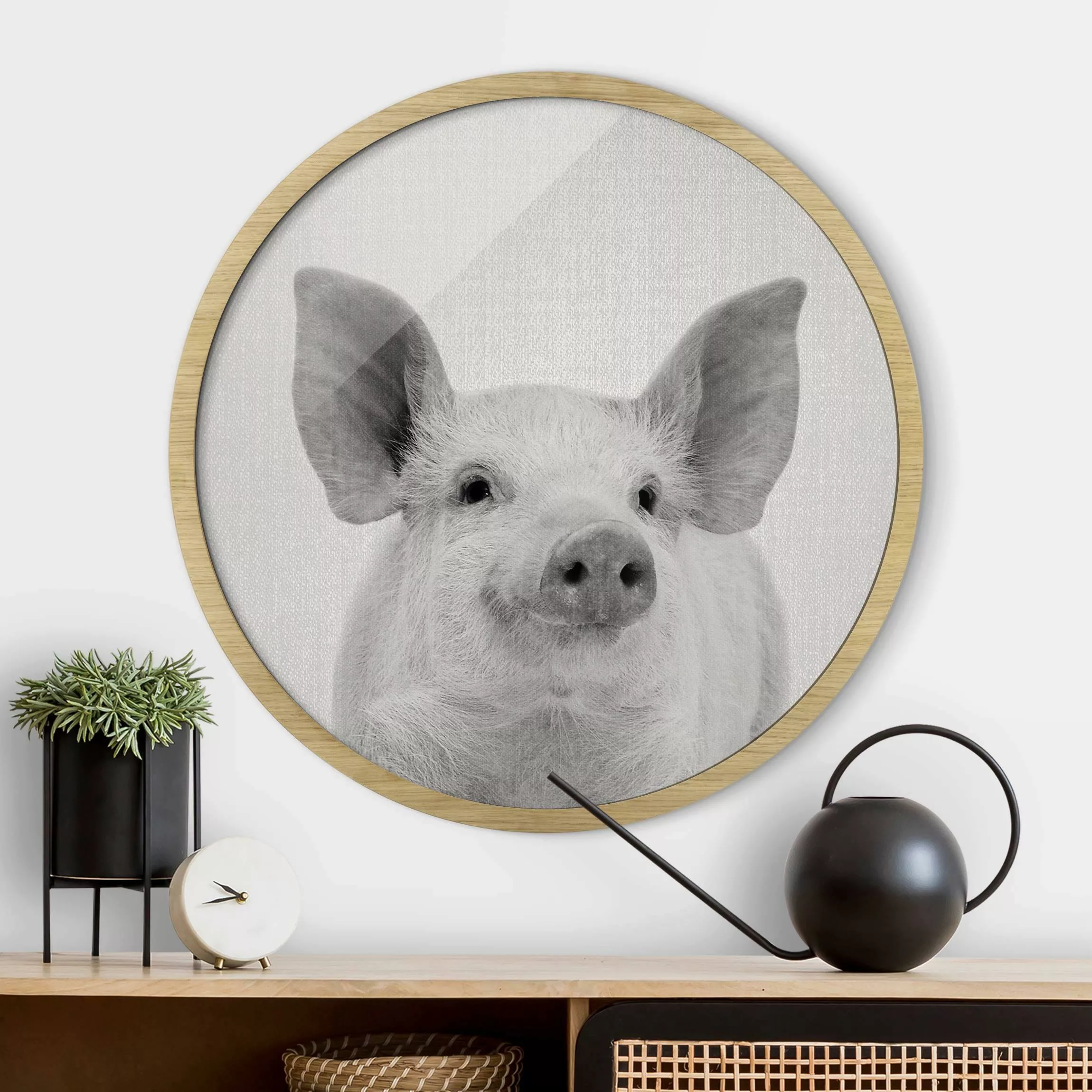 Rundes Gerahmtes Bild Schwein Schorsch Schwarz Weiß günstig online kaufen