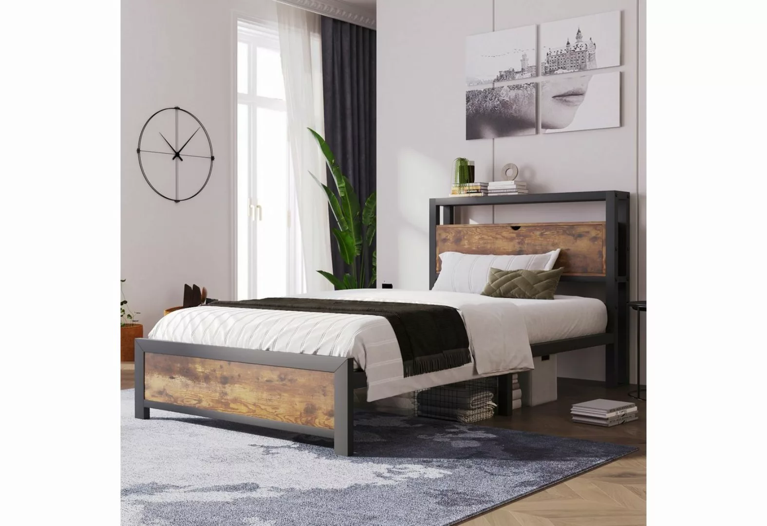 OKWISH Metallbett Jugendbetten mit Stauraum-Kopfteil (90 x 200 cm ohne Matr günstig online kaufen