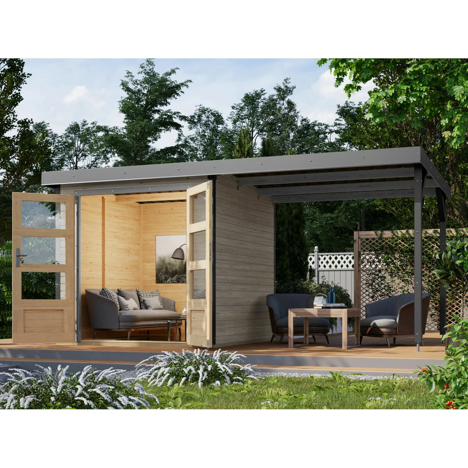 Karibu Gartenhaus Set Ernesto D Wassergrau-Staubgrau 4,45 m² günstig online kaufen