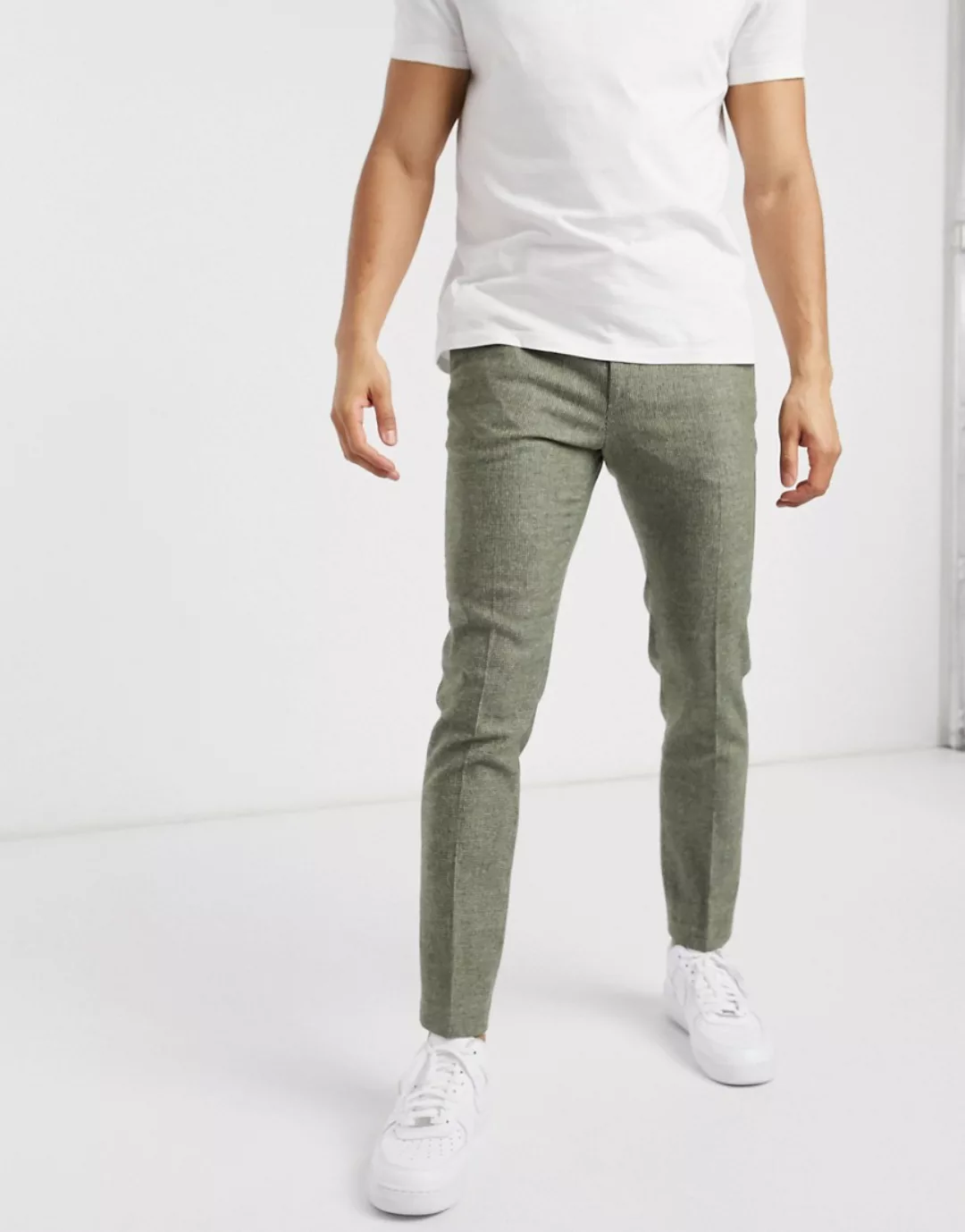 ASOS DESIGN – Superenge, elegante Hose mit Hahnentrittmuster in Mittelgrün- günstig online kaufen