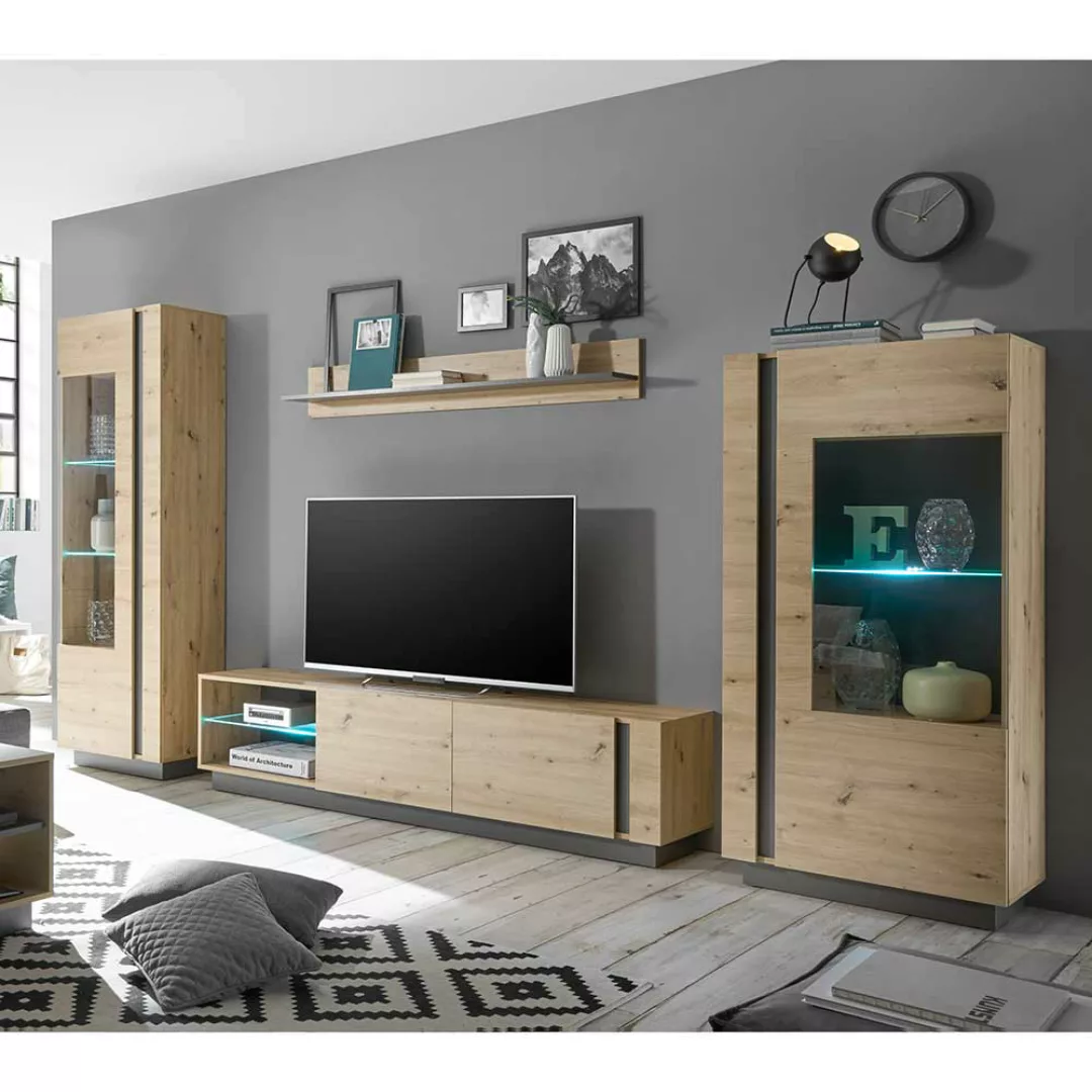 Design Wohnwand in Wildeiche Optik und Dunkelgrau 320 cm breit (vierteilig) günstig online kaufen
