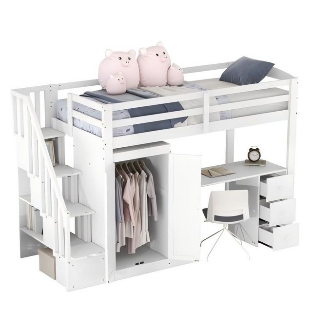 TavilaEcon Hochbett Kinderbett Holzbett mit Kleiderschrank und Treppe, 90x2 günstig online kaufen