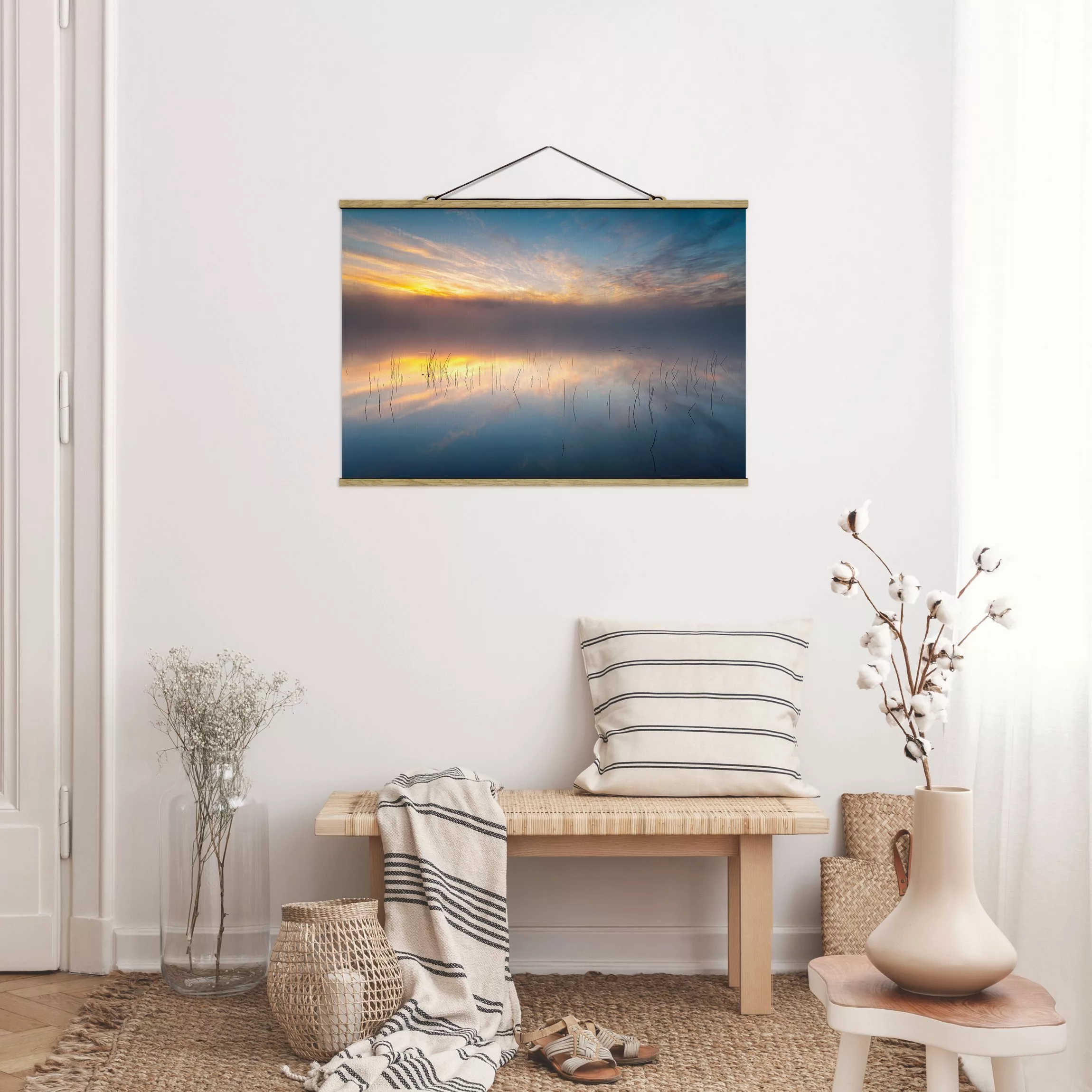 Stoffbild Landschaft mit Posterleisten - Querformat Sonnenaufgang schwedisc günstig online kaufen