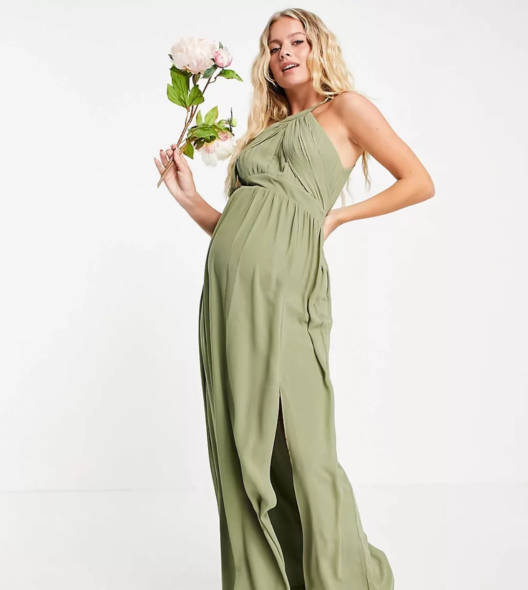 TFNC Maternity – Bridesmaid – Plissiertes Maxikleid in Dämmerungsgrün günstig online kaufen