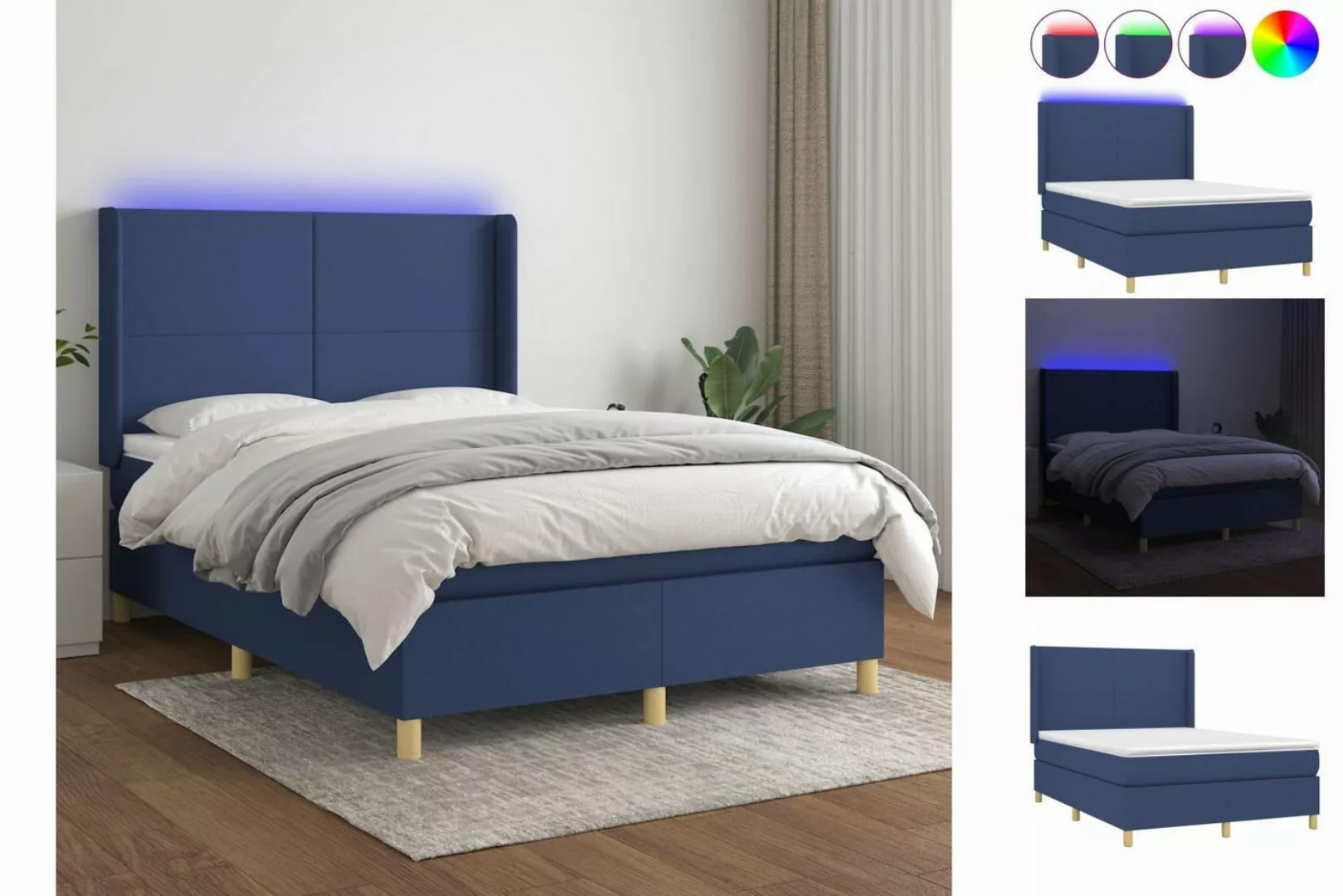 vidaXL Bettgestell Boxspringbett mit Matratze LED Blau 140x200 cm Stoff Bet günstig online kaufen