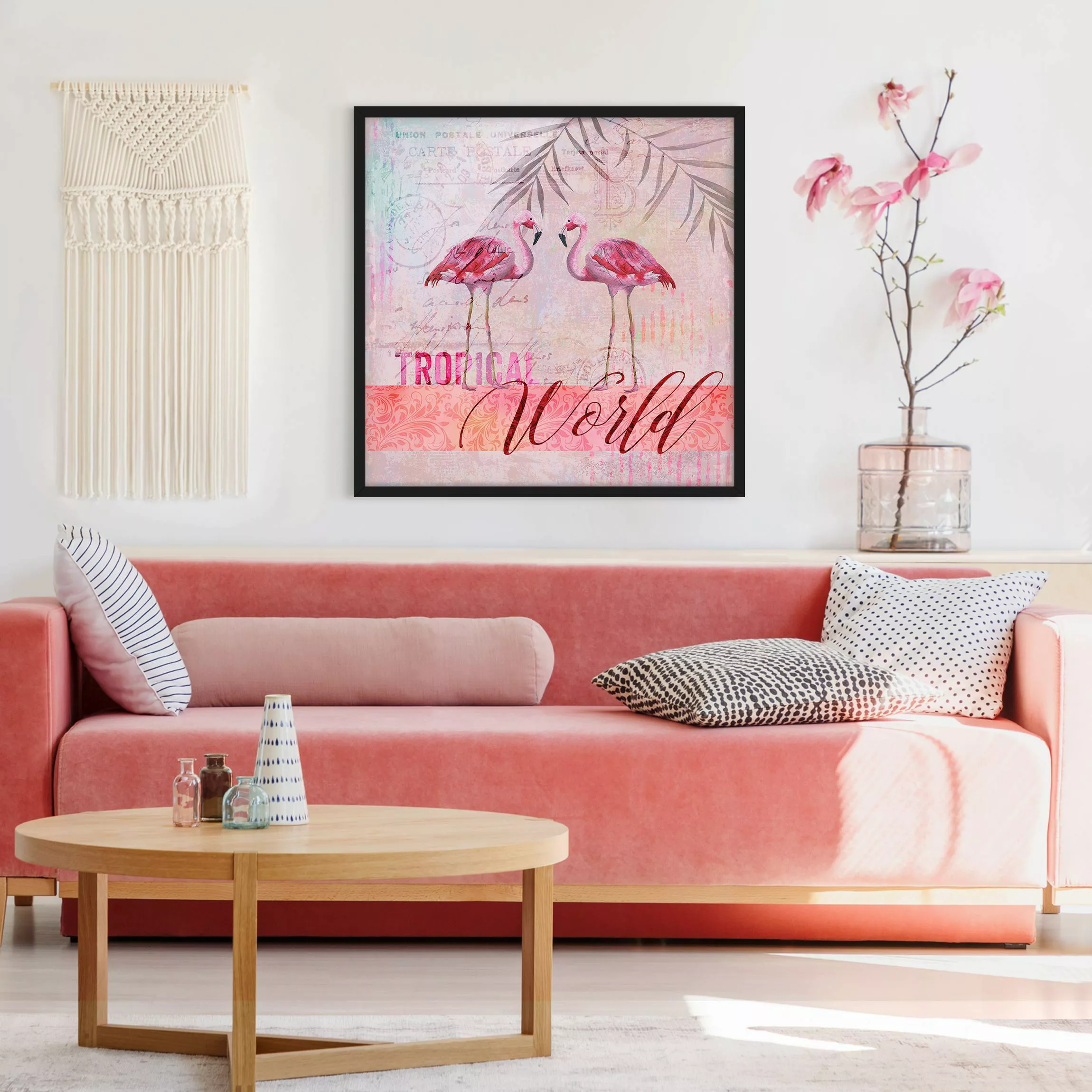 Bild mit Rahmen Vintage Collage - Tropical World Flamingos günstig online kaufen